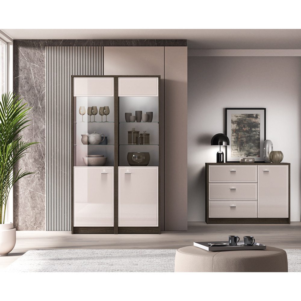 Lomadox Wohnwand ALESSANDRIA-131, (3-St., Vitrinen Kommode), in Beige Hochglanz mit Eiche, inkl. LED Beleuchtung