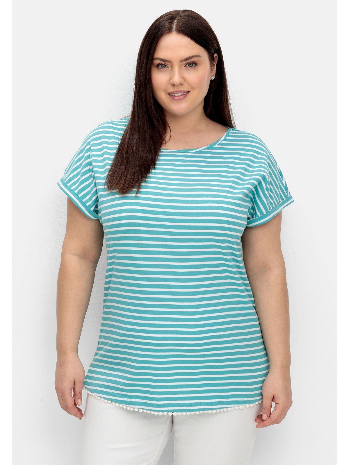 Sheego Oversize-Shirt Große Größen mit garngefärbten Ringeln und Dekokante am Saum aqua | T-Shirts