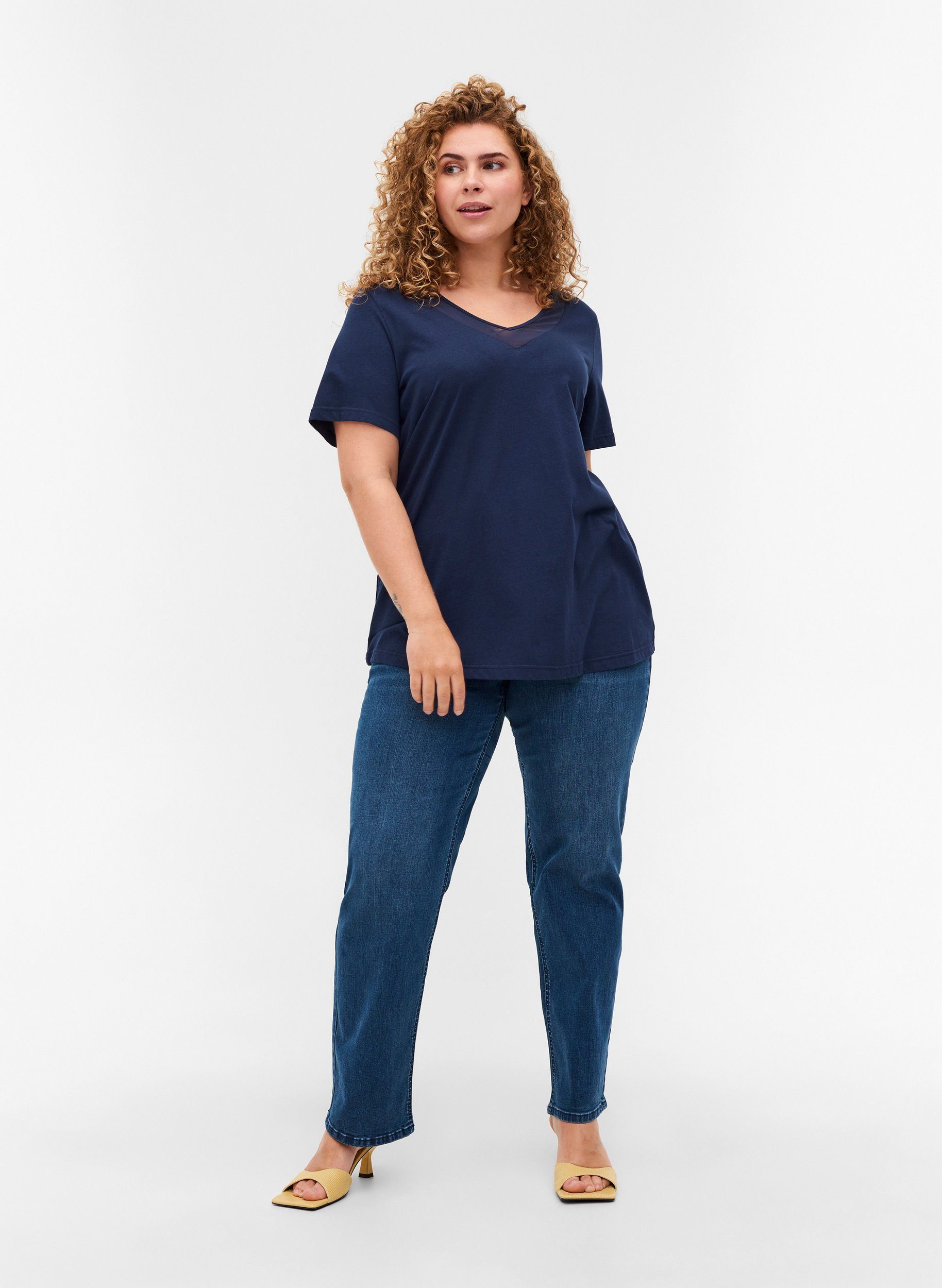 Zizzi T-Shirt Große Größen Damen T-Shirt aus Baumwolle mit V-Ausschnitt und  Mesh online kaufen | OTTO