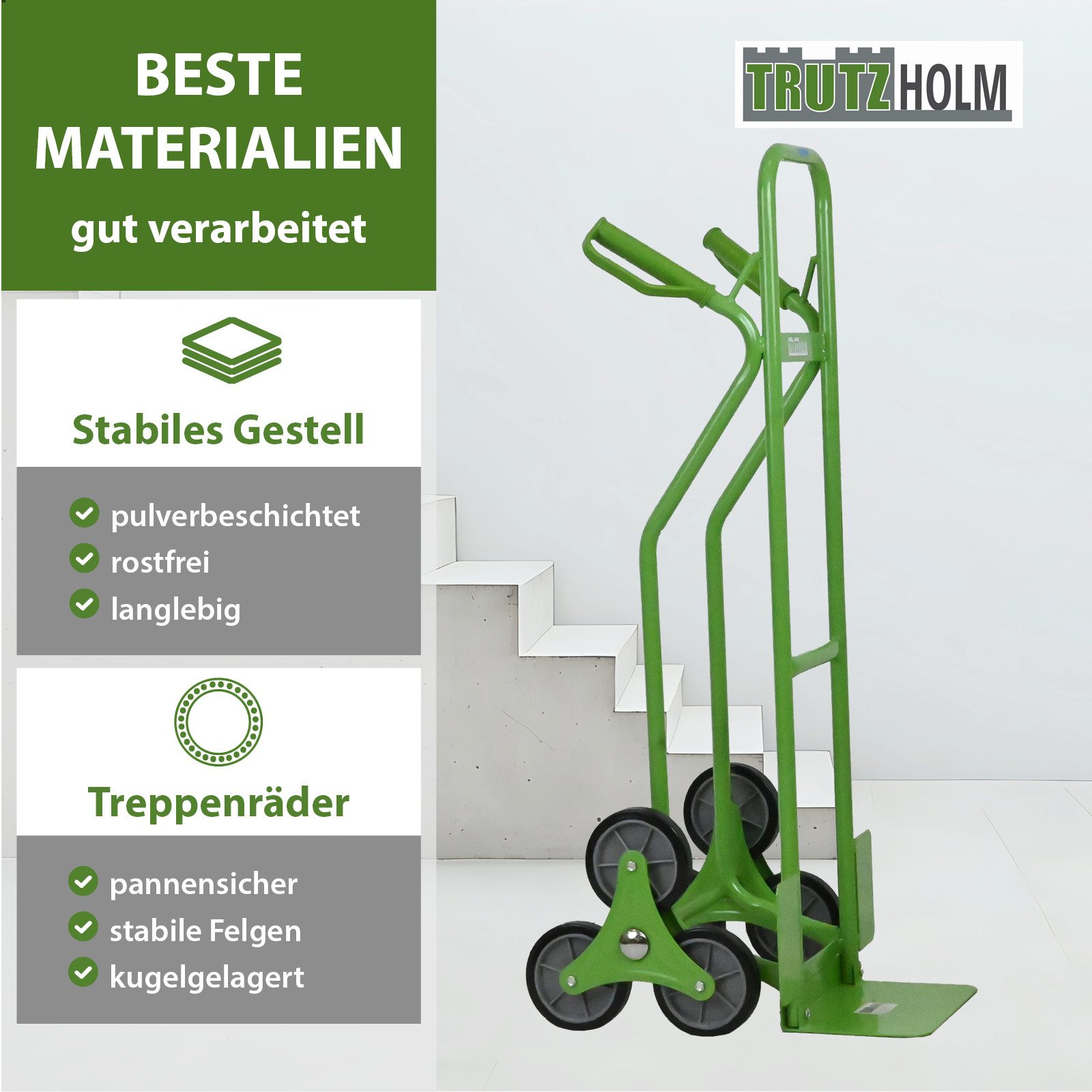 TRUTZHOLM Sackkarre Treppensteiger Sackkarre aus Stahl - pannensicher, Tragkraft 120 kg, 118cm hoch