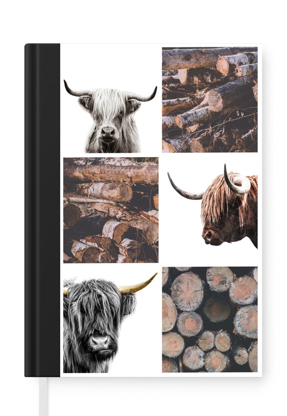 MuchoWow Notizbuch Collage - Schottischer Highlander - Holz, Journal, Merkzettel, Tagebuch, Notizheft, A5, 98 Seiten, Haushaltsbuch | Notizbücher