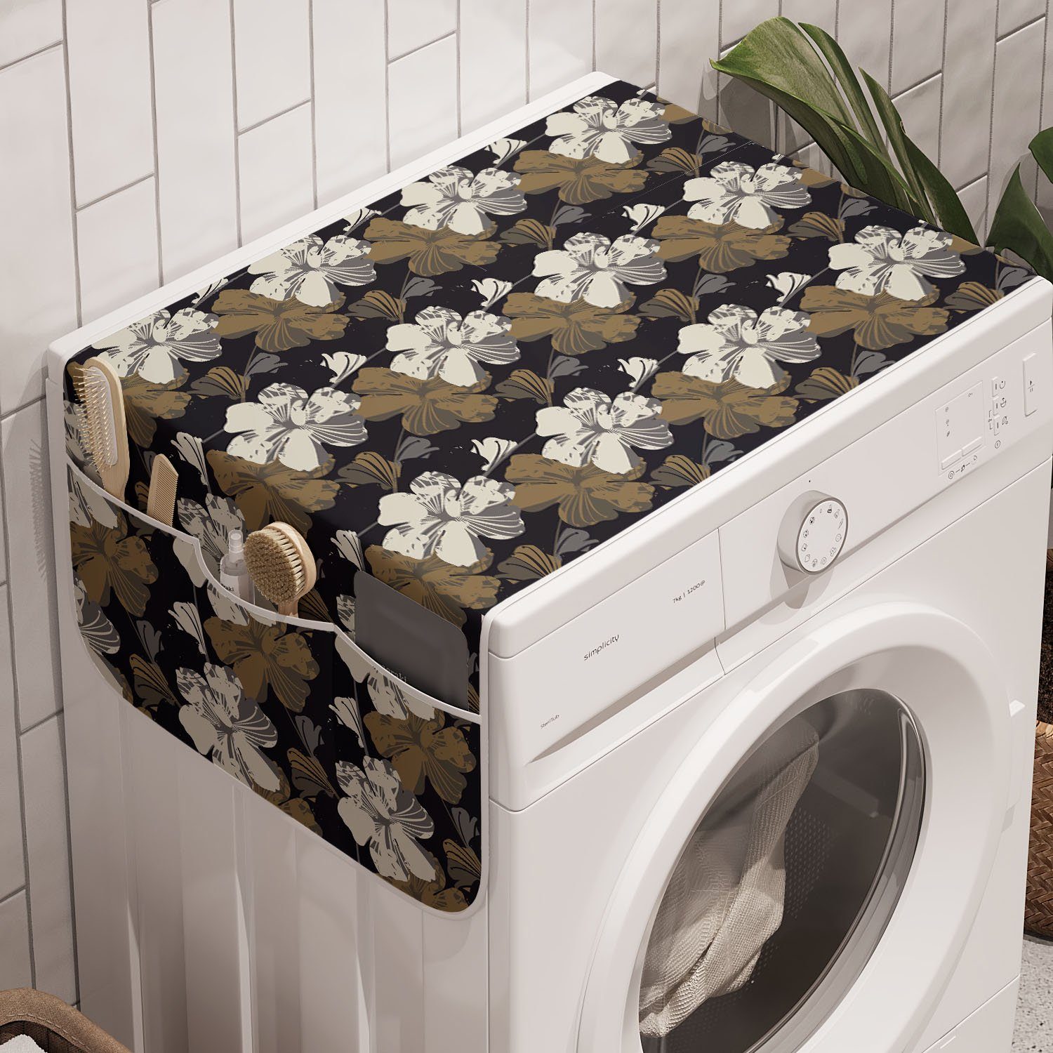 Abakuhaus Badorganizer Anti-Rutsch-Stoffabdeckung für Waschmaschine und Trockner, Blumen Weiß und Kakao-Blüten