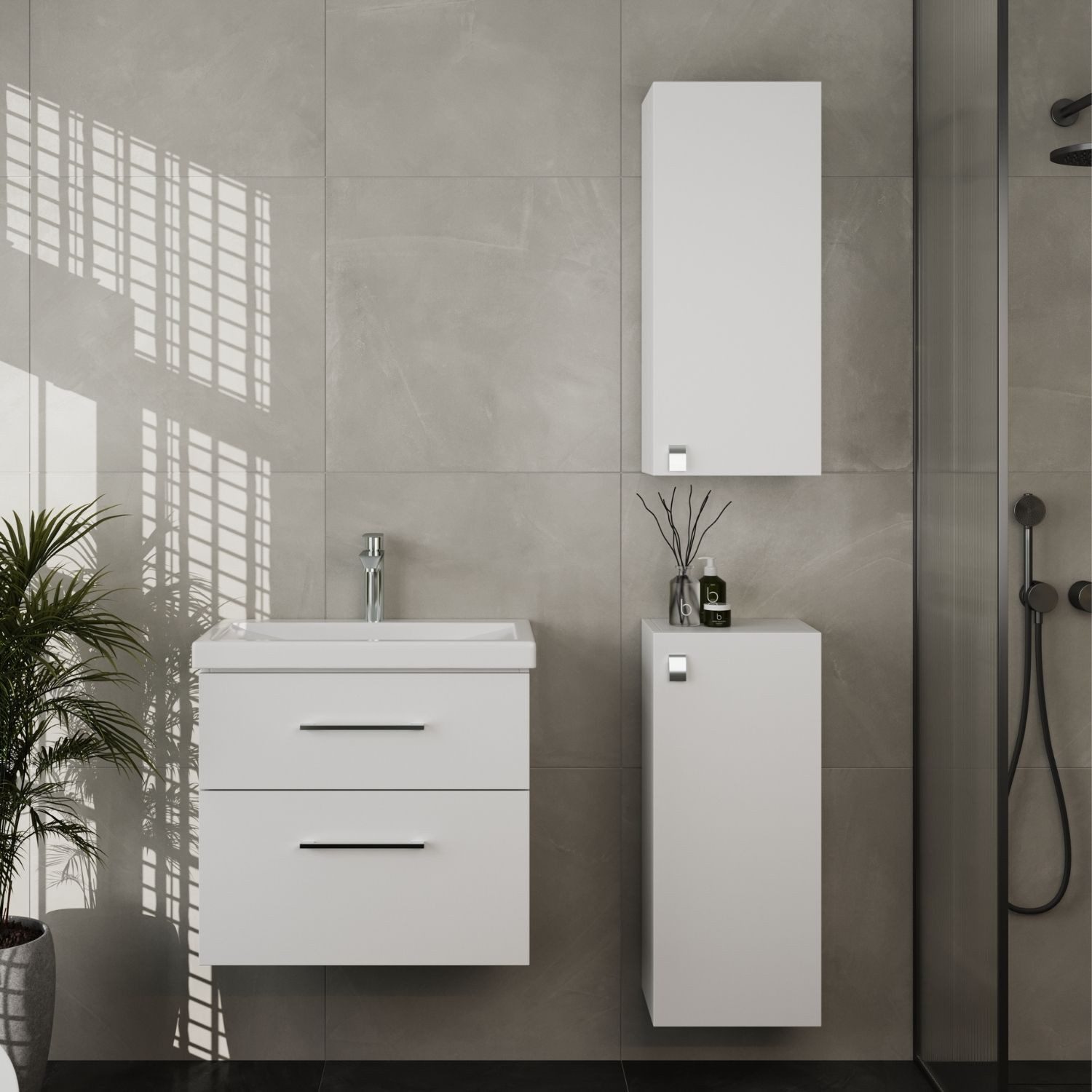 Planetmöbel Badmöbel-Set Badmöbel-Set 63cm mit 2x Midischrank, (Waschbeckenunterschrank, Badezimmerschrank)