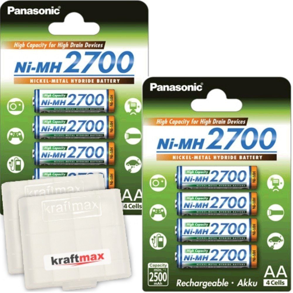 kraftmax 8er Pack Panasonic 2700 NI-MH-Akkus, 8 Mignon AA-Batterien in Box Akku Mignon AA 2700 mAh (1,2V V, 1 St), hohe Kapazität