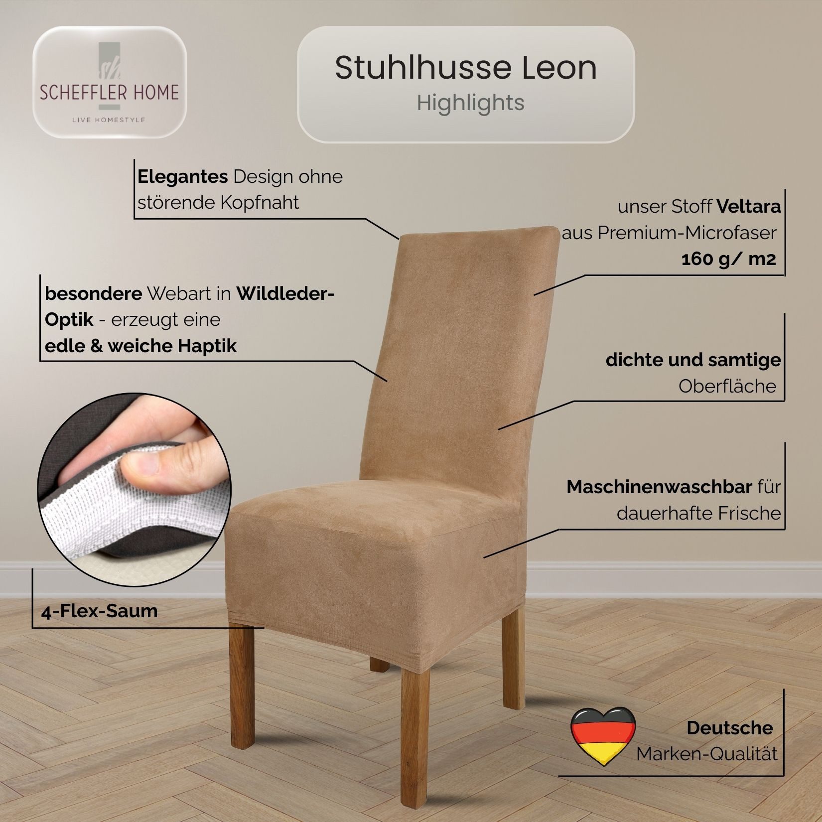 sh SCHEFFLER-HOME LIVE HOMESTYLE Stuhlhusse Leon Stoff Veltara, Premium-Microfaser Veltara in edler Wildleder-Optik