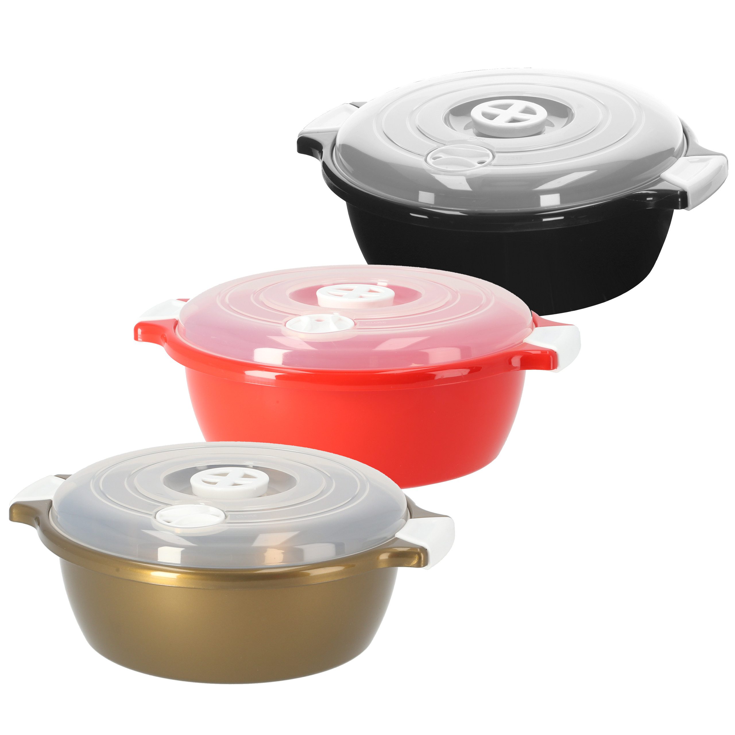 Lantelme Mikrowellenbehälter 3er Set Schwarz Rot Gold Mikrowellenschüssel mit 1,8 Liter Volumen, Kunststoff, (3-tlg., Schüssel auch für Kühlschrank und Picknick), Kunststoff mit Deckel und Dampfventil, Deutsche Herstellung