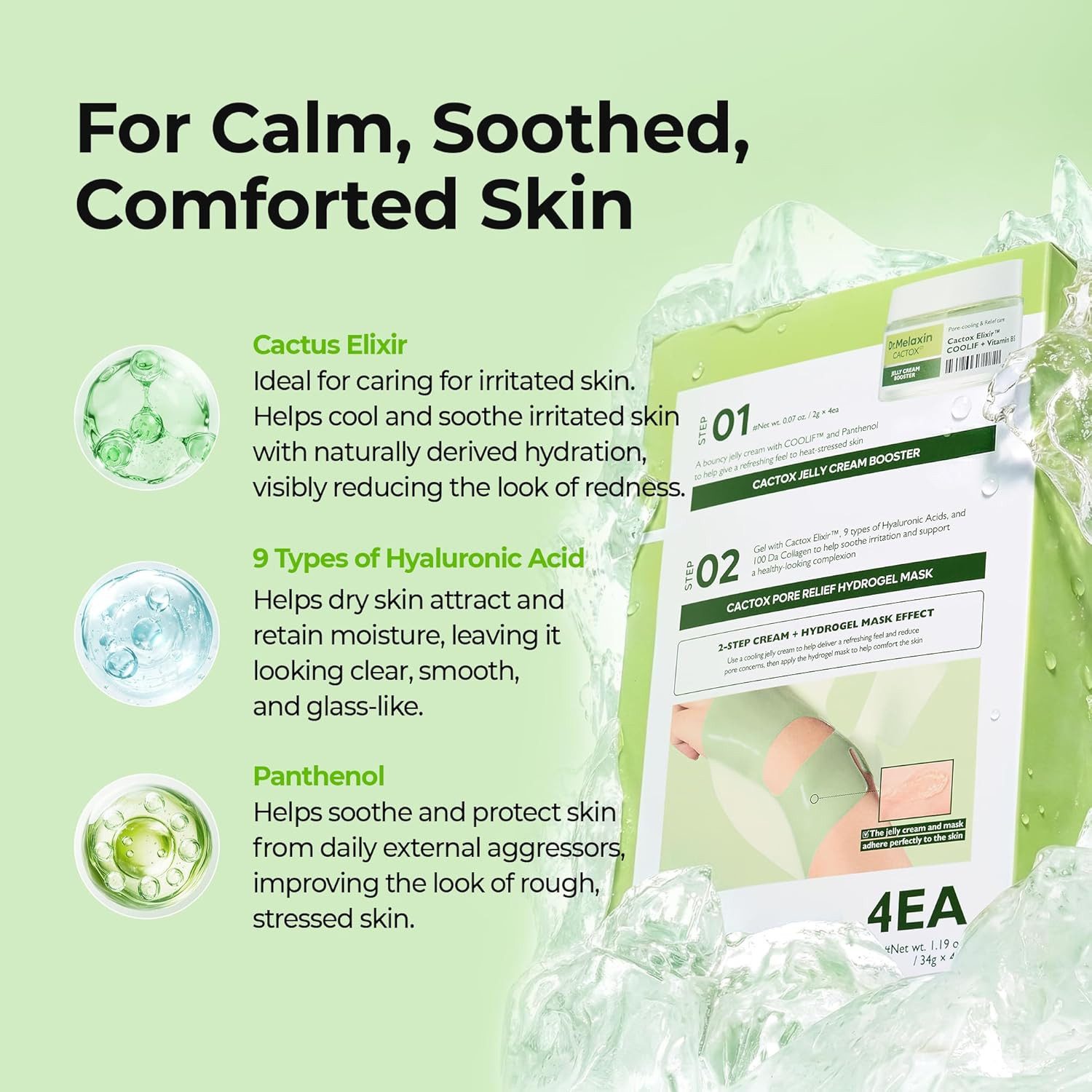 Dr.Melaxin Gesichtsmaske Cactox Pore Relief Jelly Cream Hydrogel Mask 2g+34g*4ea – K-Beauty Hydrogel-Maske mit Kaktus-Mucilage, Hyaluron, Kollagen, Niacinamide –, Zweistufige Cooling-Hydrogel-Pflege mit Kaktus, Hyaluron