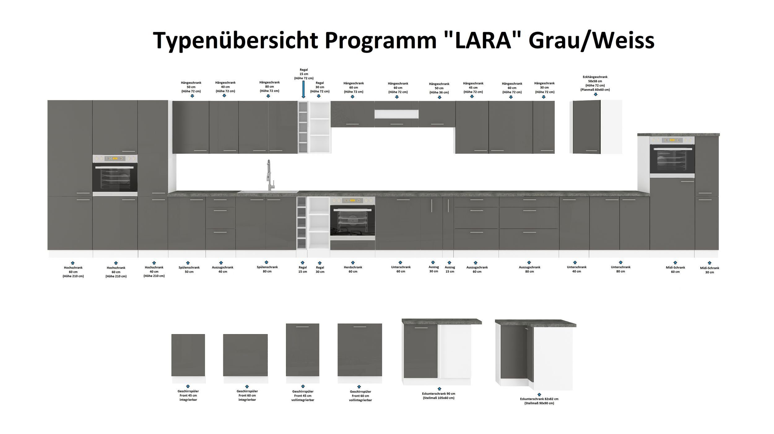 Küchen-Preisbombe Unterschrank 60 cm Lara Küchenblock Soft-Close matt + Grau Glanz Küchenzeile Weiß