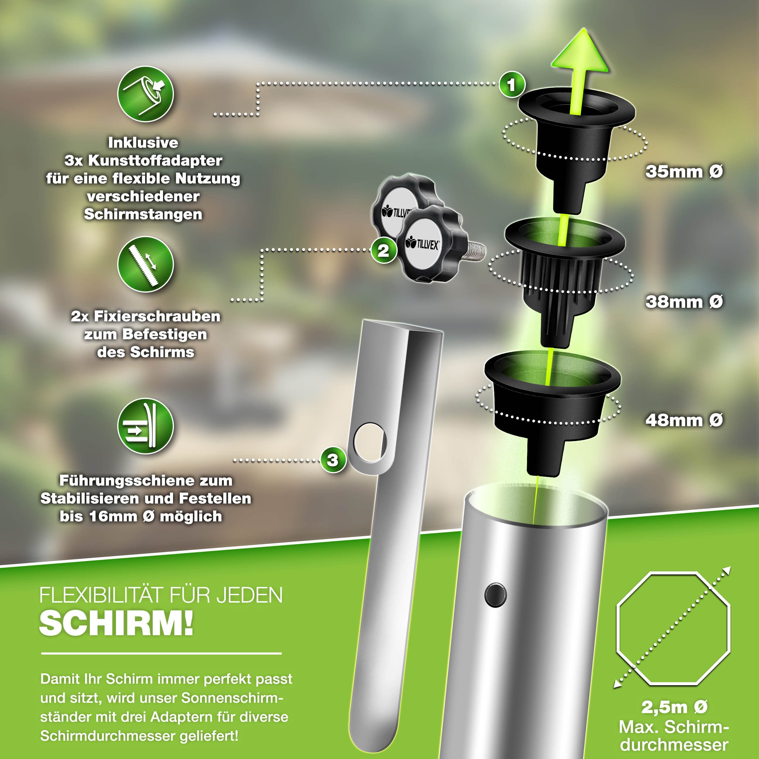 tillvex Sonnenschirm tillvex Granit Sonnenschirmständer, Balkonschirmständer für Schirmstöcke 16-48 mm & 300cm Schirmdurchmesser, Sonnenschirm, Granit Sonnensch – Bild 5 von 5