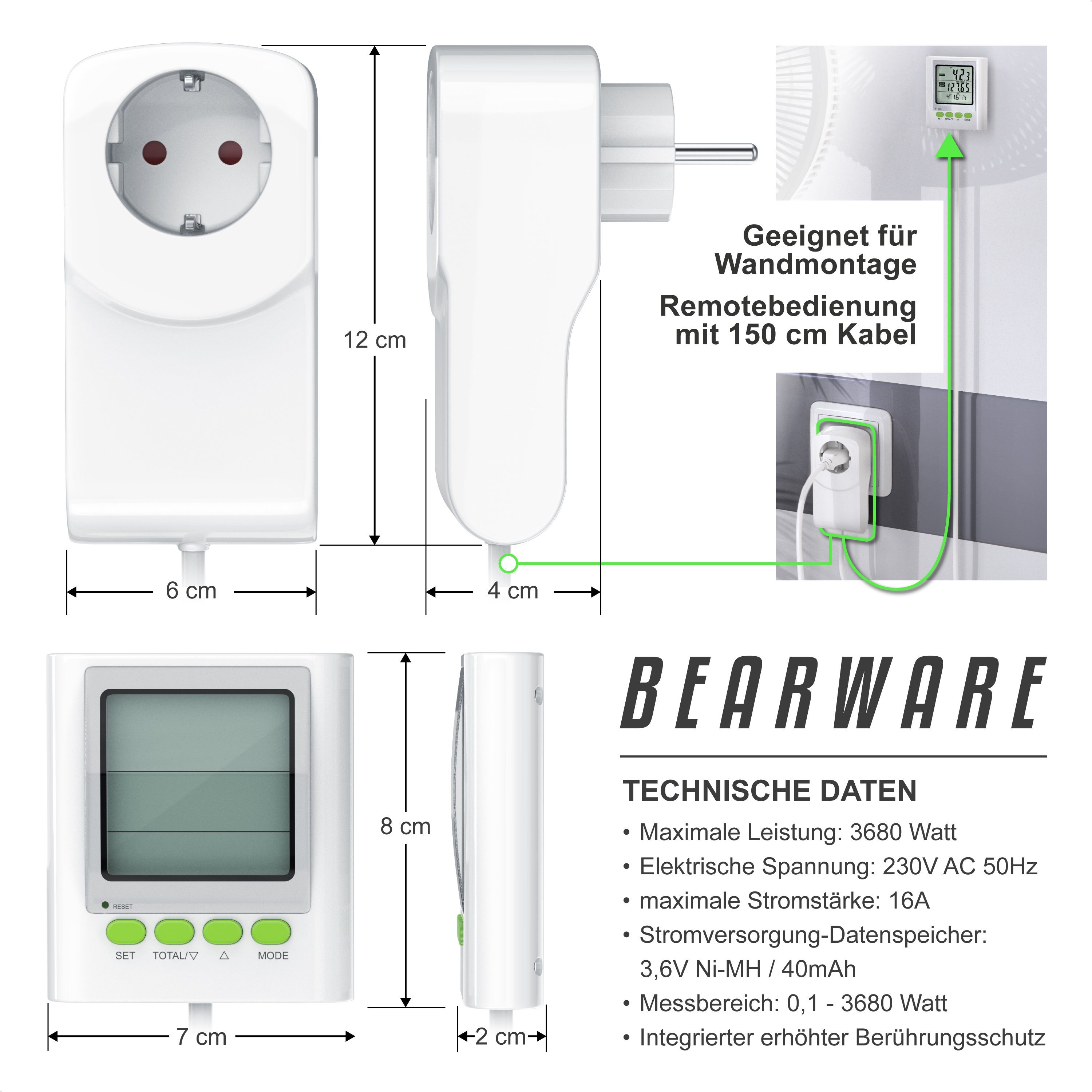 BEARWARE Energiekostenmessgerät, Stromverbrauchszähler mit Kabelverlängerung - Energiekostenmessgerät