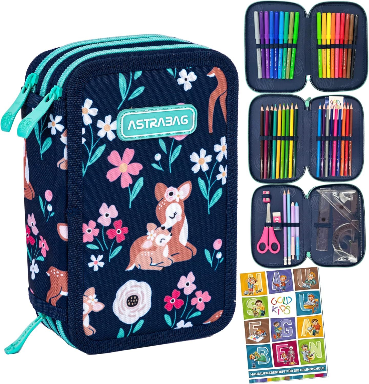 GOLDKIDS Federmäppchen 3 Fächer - Mäppchen für Mädchen - Federmappe, (3-Fach Federtasche Gefüllte Schüleretui, 1-tlg., 46-teilig - Schulmäppchen und), Hausaufgabenheft - Deer Motiv