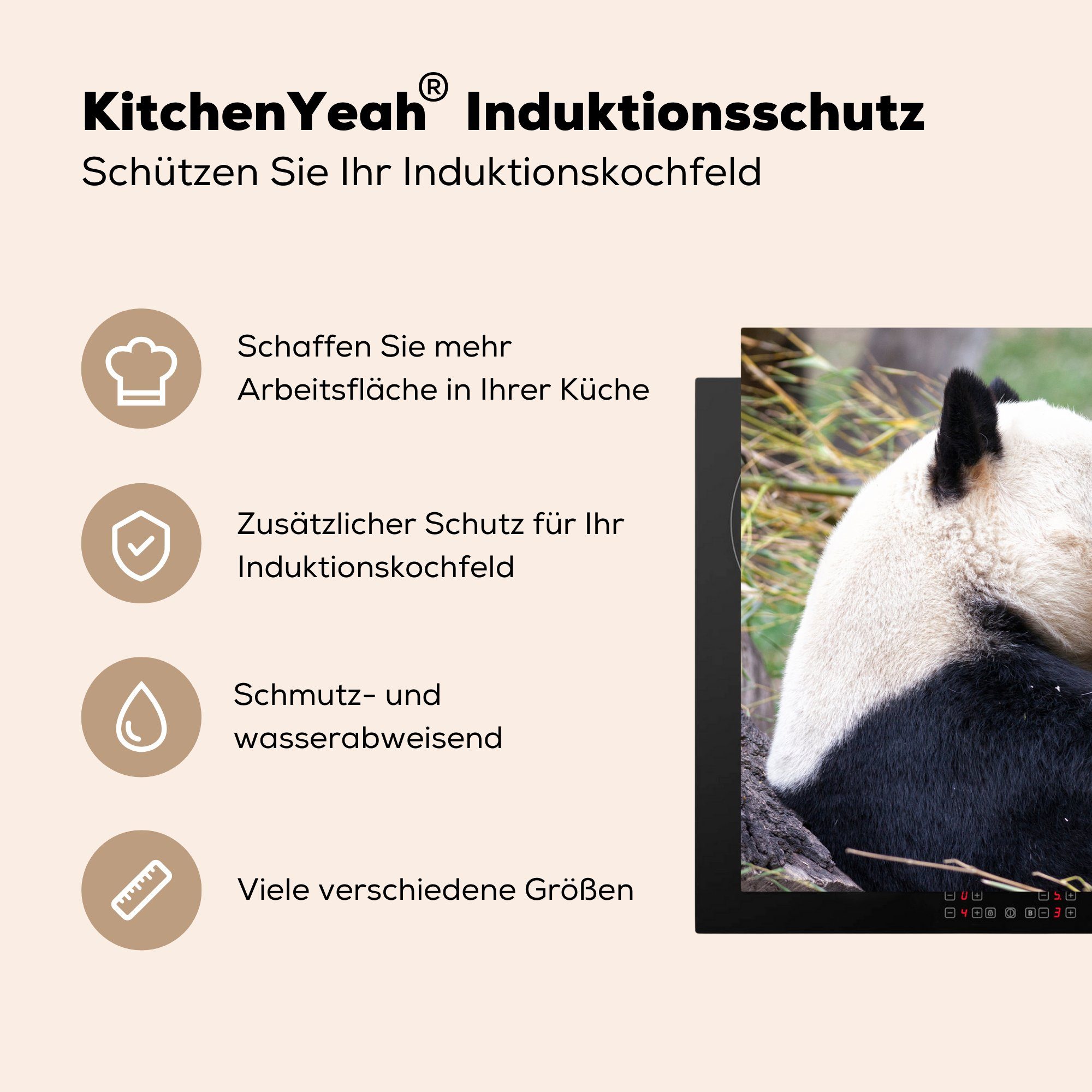 tlg), Tiere die für Ceranfeldabdeckung Herdblende-/Abdeckplatte Bambus, Pandabär - küche, (1 - Induktionskochfeld MuchoWow Schutz Vinyl, cm, 81x52