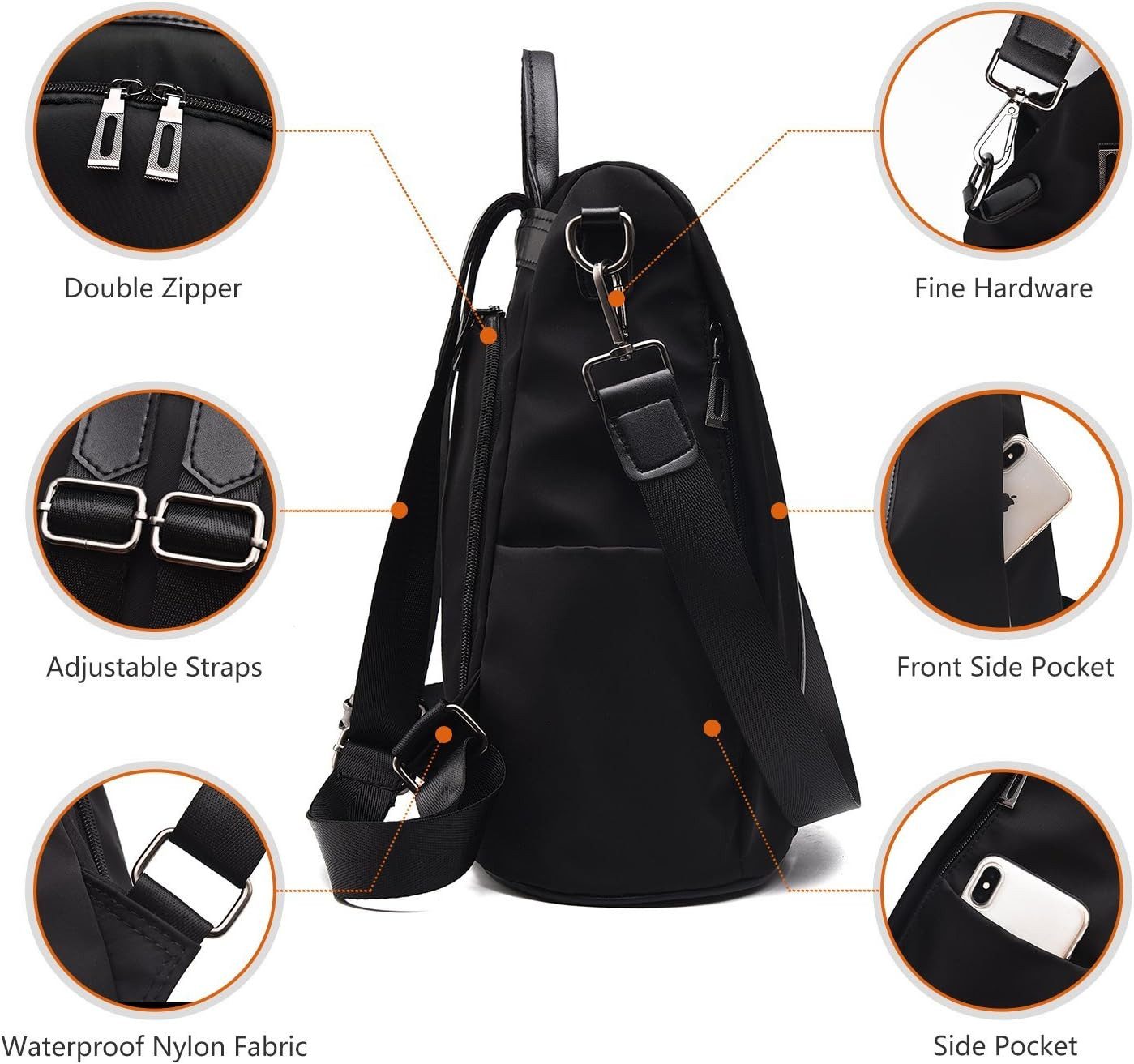 Toomoke Puppen Rucksack Damen Rucksack Wasserdicht, Anti-Diebstahl Nylon Rucksack, (Schultertasche & Freizeitrucksack, Leichter Tagesrucksack für Schule, Reisen und Alltag, Schwarz)