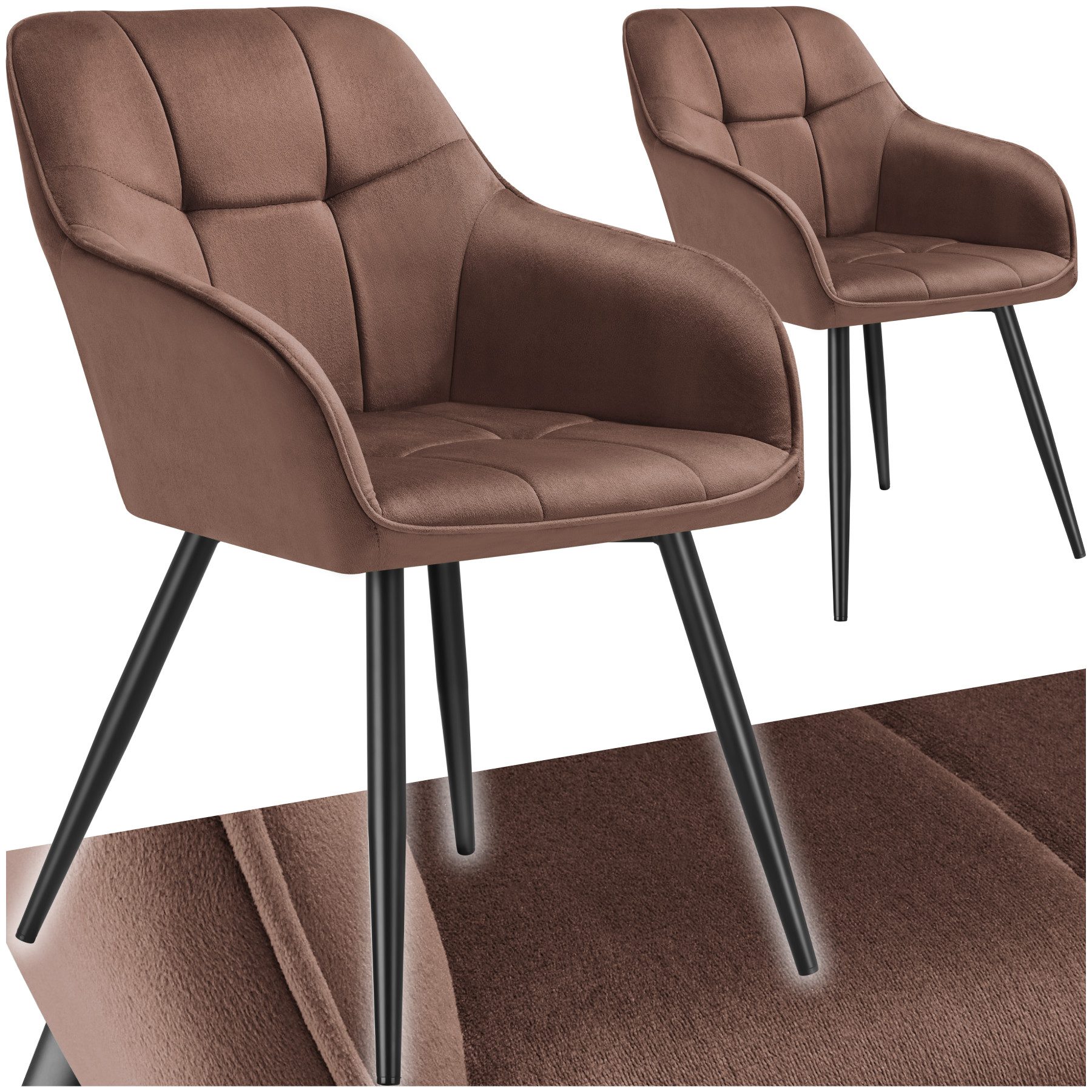 tectake Esszimmerstuhl Polstersessel gepolstert, in Samtoptik, gesteppt, 58 x 62 x 82 cm (Küchenstuhl Marilyn in braun/schwarz, 2 St), durchgehende Lehne, Stahlbeine, bodenschonend, Belastbarkeit 120 kg