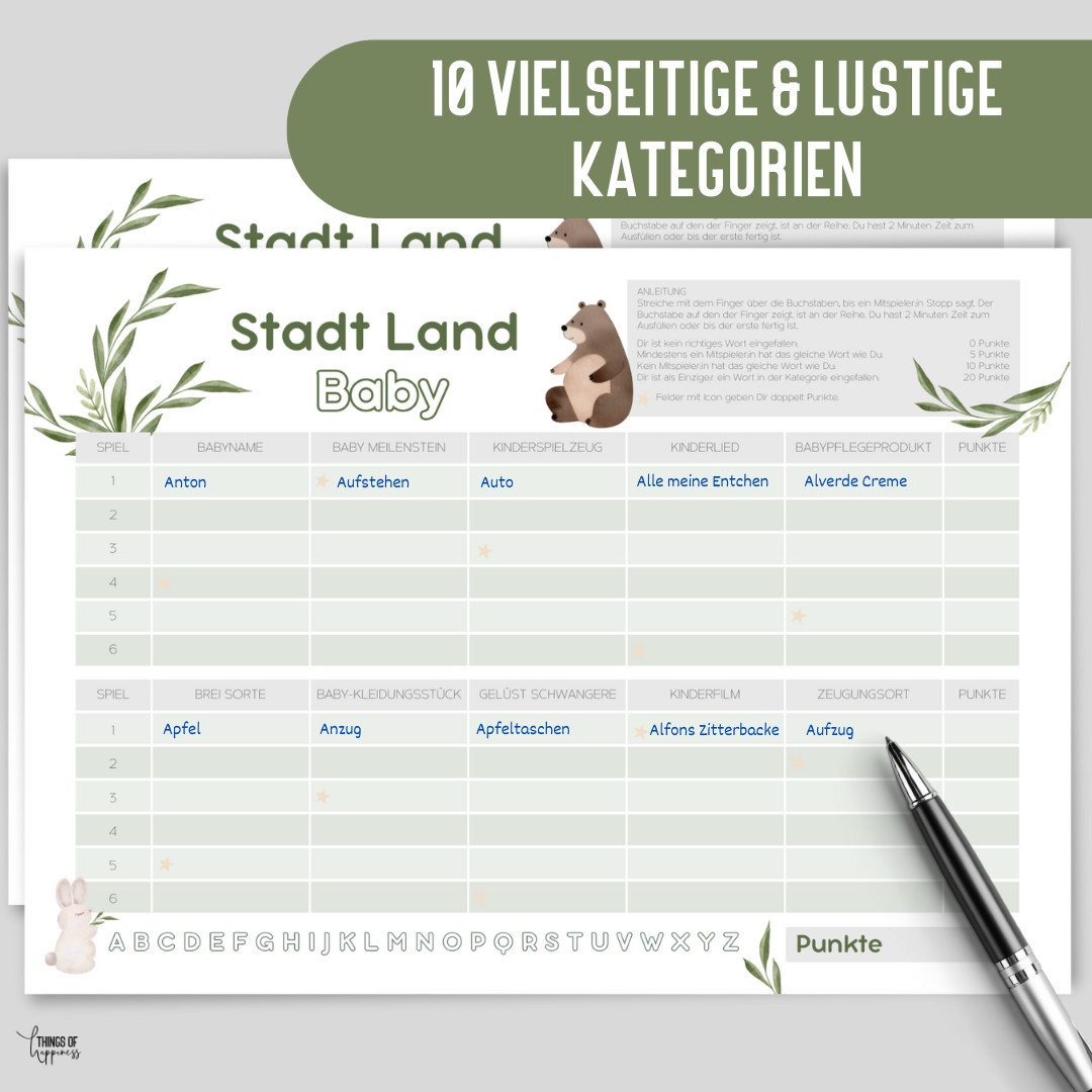Things of Happiness Spiel Stadt, Land, Fluss, Baby, Babyparty Spiel, Kultspiel für die Babyshower Party, Quizblock DIN A4 mit 50 Blatt