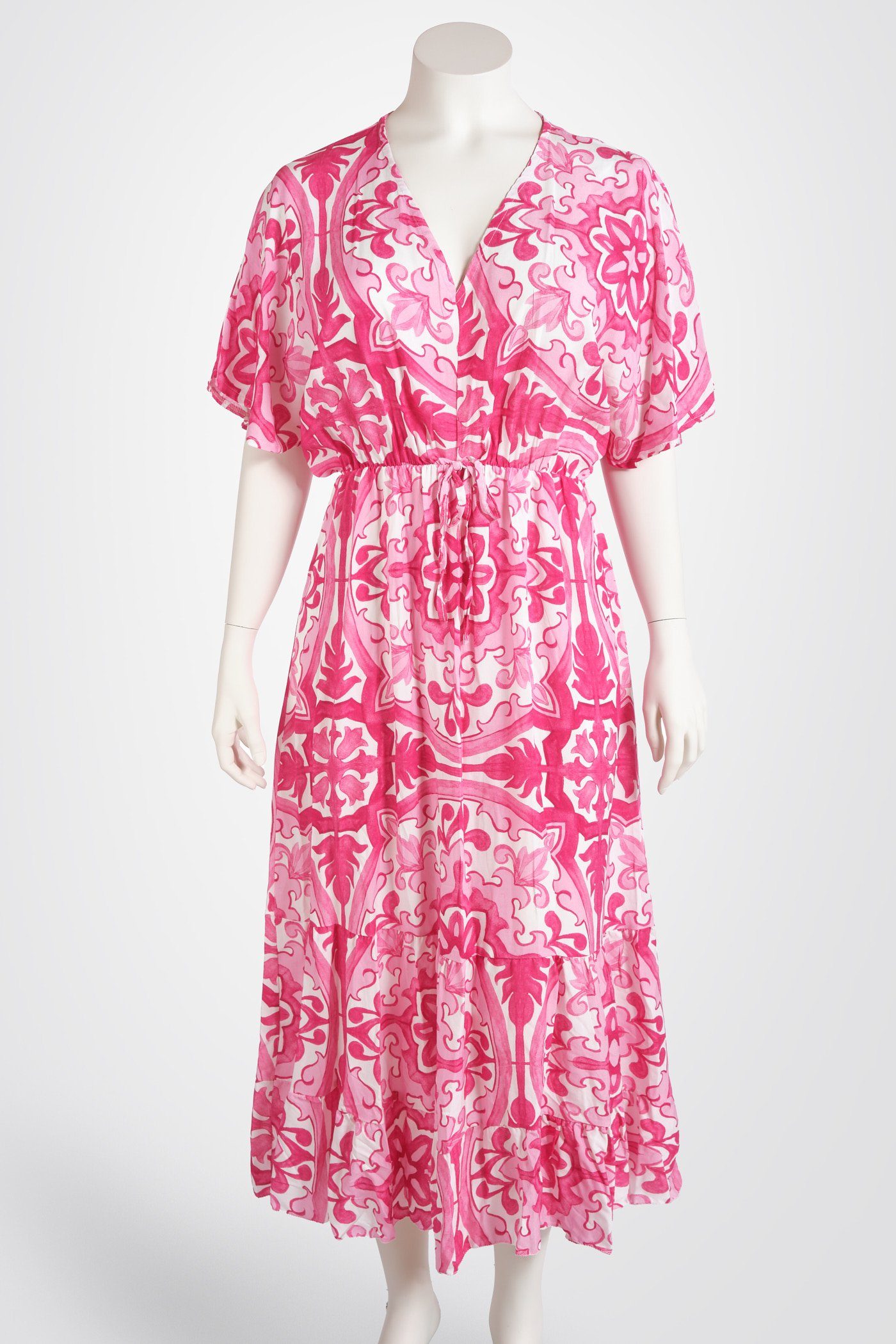 Midikleid Sommerkleid V-Ausschnitt pink-ecru Volants (1-tlg) mit und gemustert PEKIVESSA
