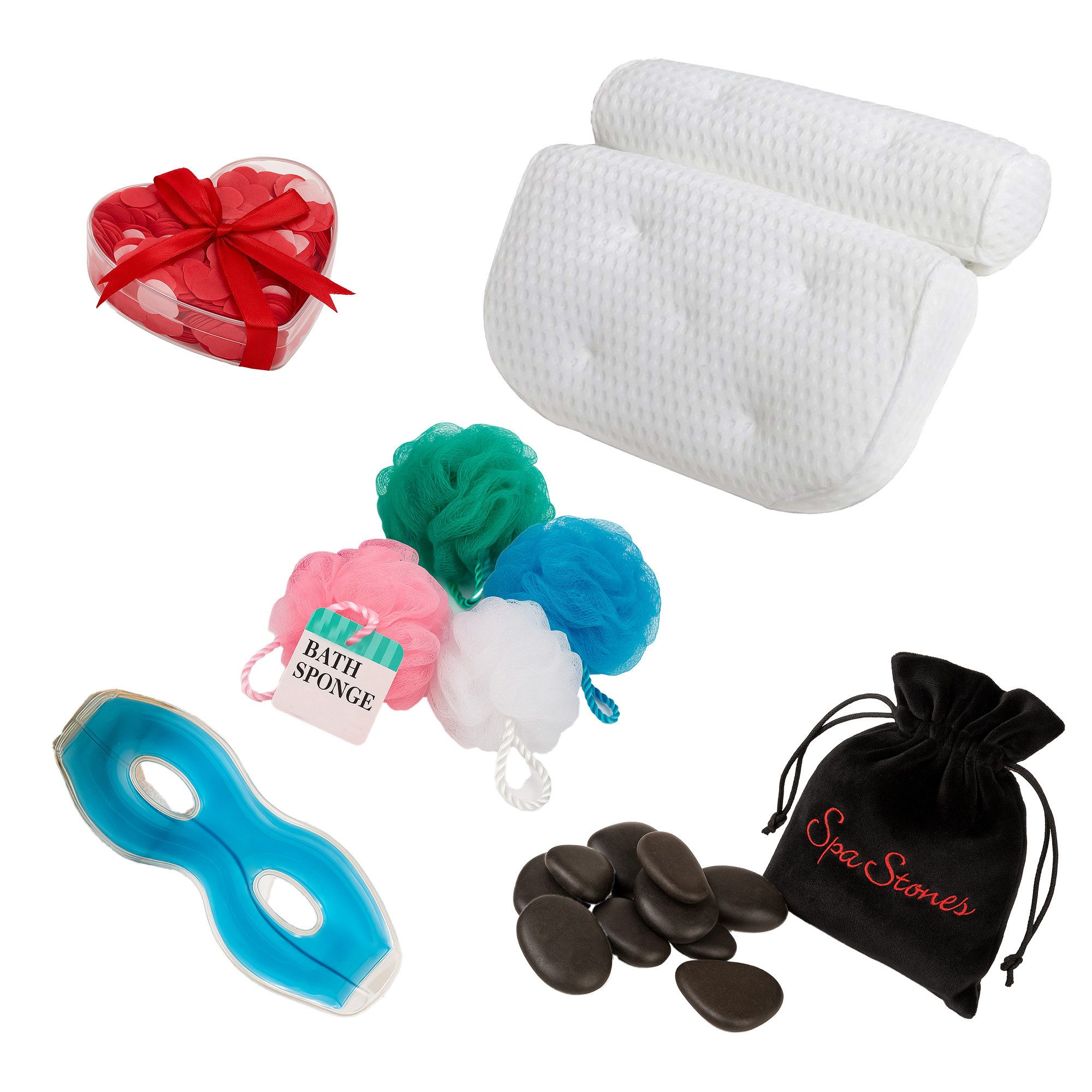 what the shop Pflege-Geschenkset Wellness-Set–Badekissen, Spa-Steine, Augenmaske & Badeschwamm, 6-tlg., Entspannung & Wellness für kalte Wintertage