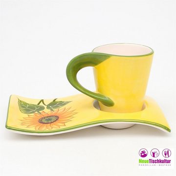 Neuetischkultur Tasse Kaffeetasse mit Unterteller, modern Sonnenblume, Keramik