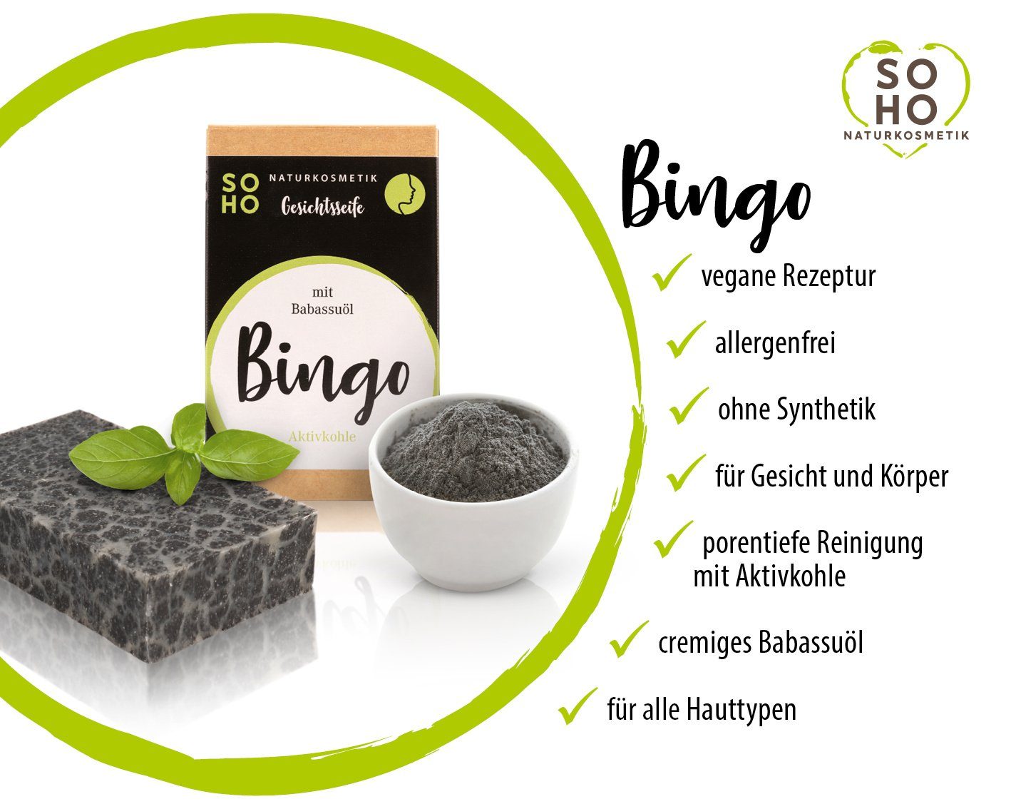 SOHO Naturkosmetik Gesichtsseife SOHO Naturseife Bingo – Aktivkohle & Bambussalz, mit Aktivkohle & Babassuöl