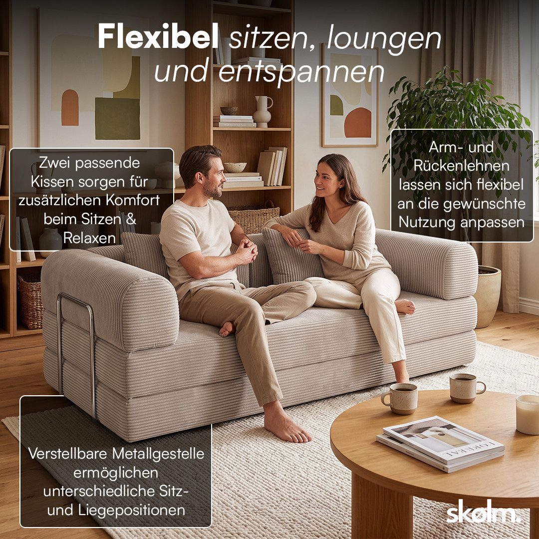 skølm Sofa & Sessel Lofn aus Vollschaum Cord, umwandelbar zum Schlafsofa/-Sessel, Beige, Cordsofa 200 cm breit, 2 Sitzer, kein Aufbau erforderlich, vakuumiert – Bild 4 von 5