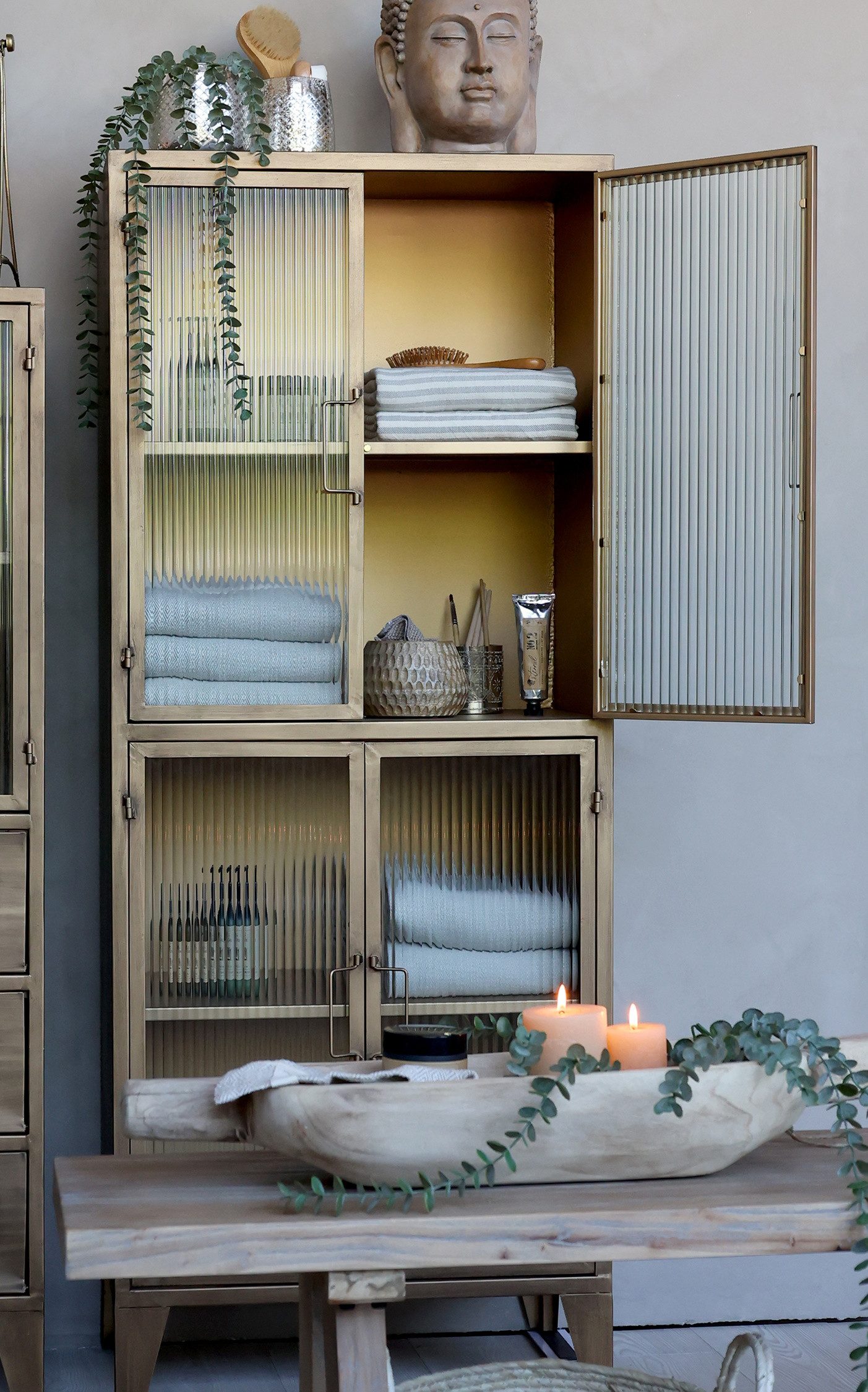 Chic Antique Vitrine Industrial Vitrine Kabinett Golden Amaury Geriffeltes Glas 150/60