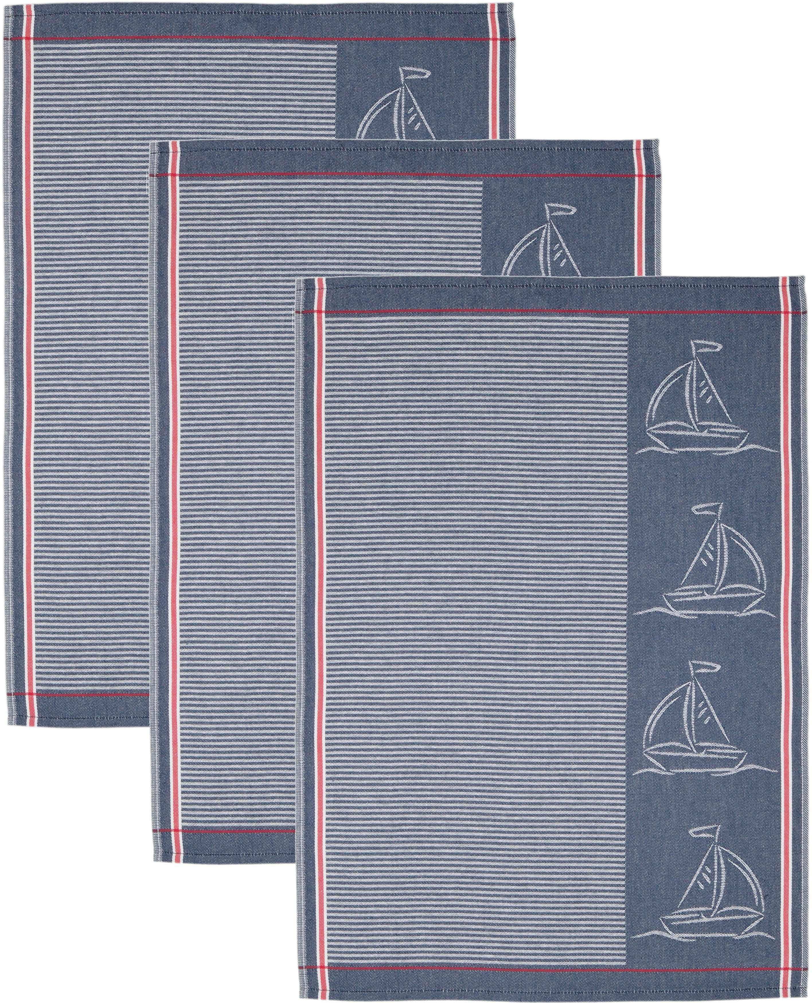 ROSS Geschirrtuch Maritim - Steifenfond mit 4 Segelschiffen, (Set, 3-tlg), Motivtuch, aus 100% Baumwolle