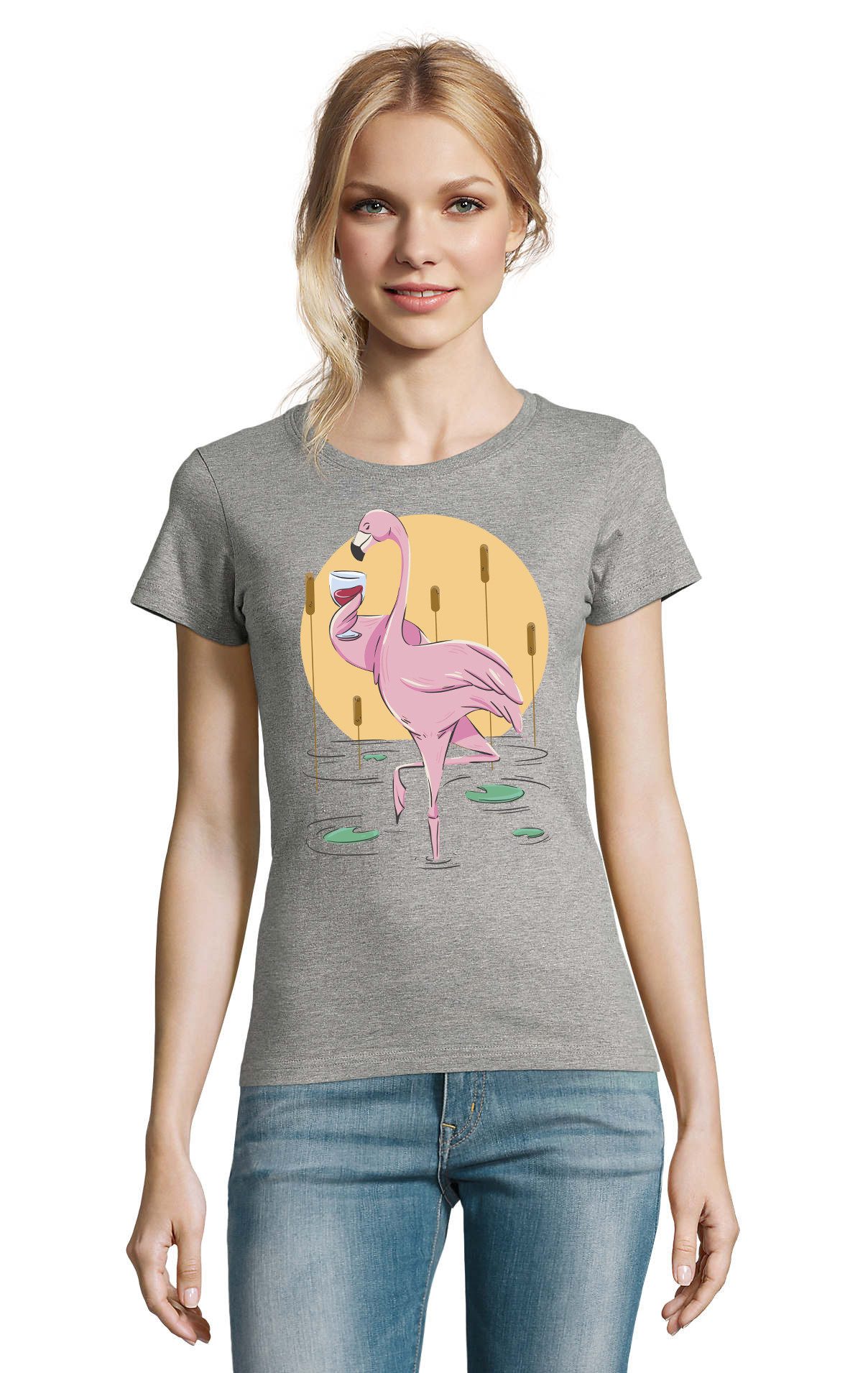 T-Shirt Wein trinkender Flamingo Vogel Damen Shirt Fun Motiv