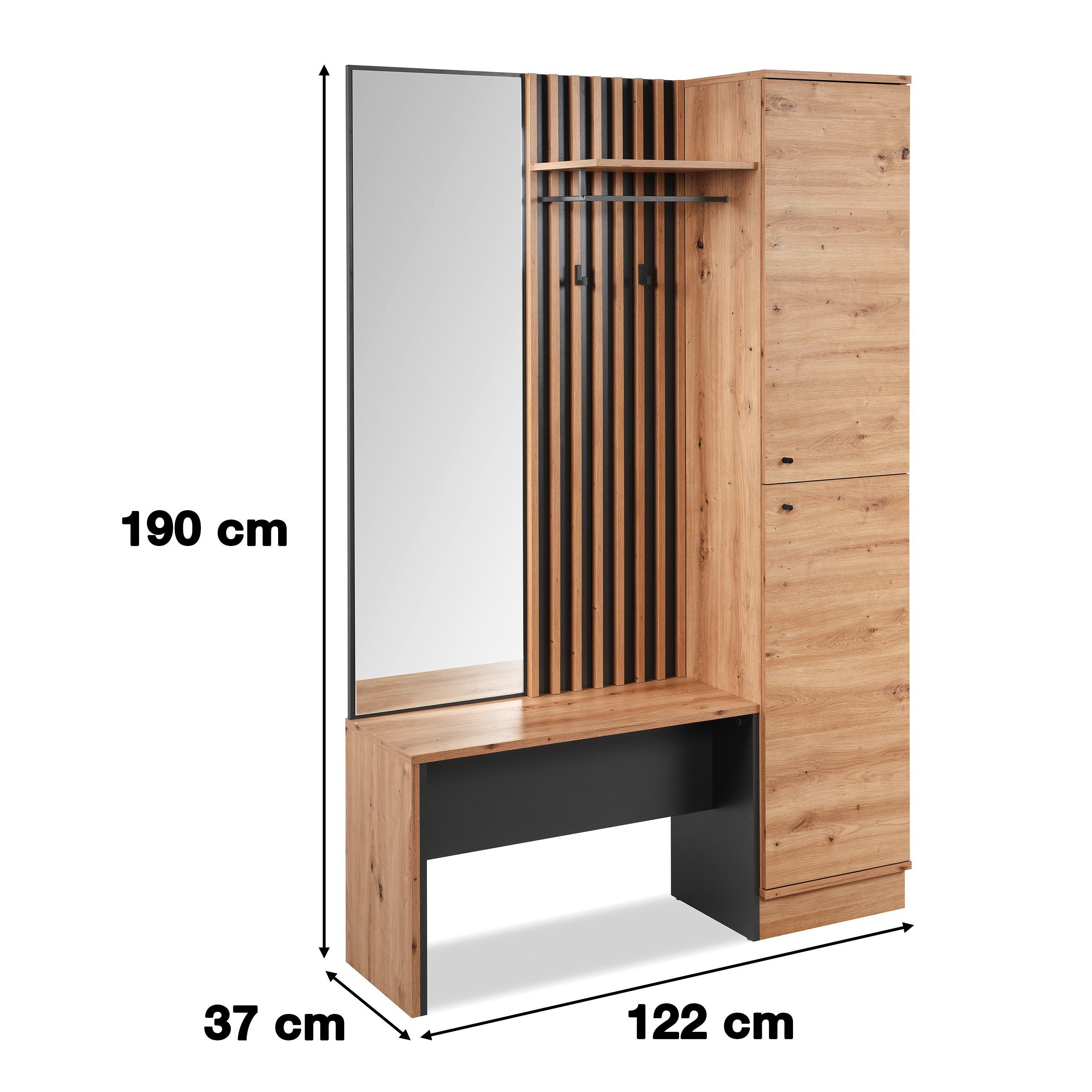 Newroom Kompaktgarderobe Wildeiche 122 cm Wildeiche Garderobe Schuhregal Flurgarderobe Modern Vintage Gardero...
