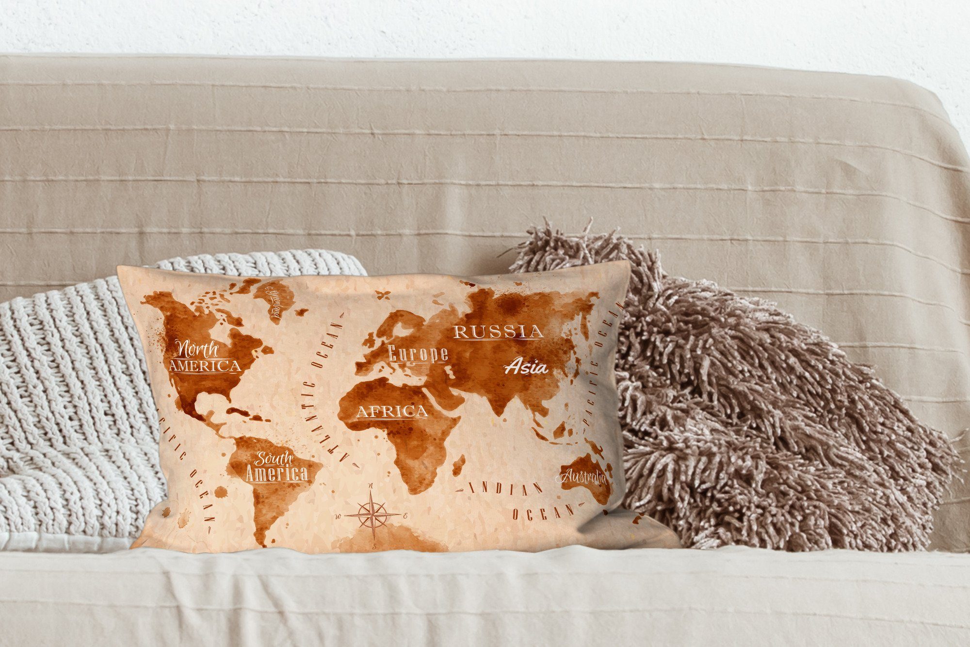 MuchoWow Dekokissen Weltkarte - Dekokissen - Wohzimmer Schlafzimmer - Füllung, Vintage, Braun mit Dekoration, Zierkissen, Farbe
