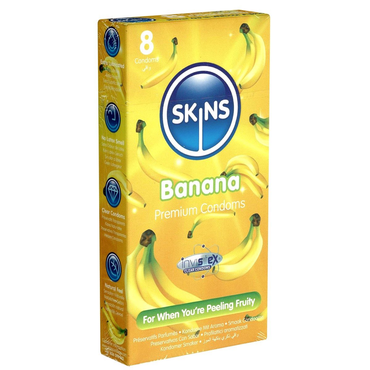 SKINS Condoms Kondome Banana, samtweiche Oberfläche, fühlt sich an wie "echt", Packung mit, 8 St., Kondome mit feinem Bananenaroma, durchsichtiges Latex (kristallklar), kein Latexgeruch