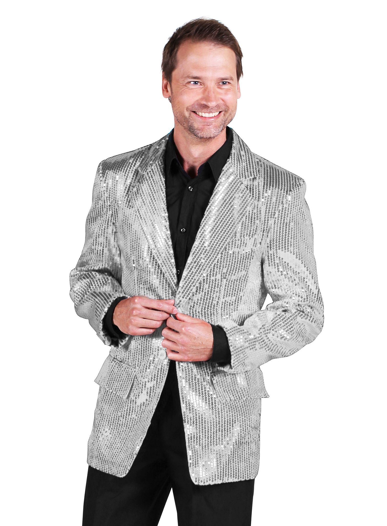 thetru Kostüm Showmaster Jacke silber, Silber Glitzerjacke mit passender Krawatte