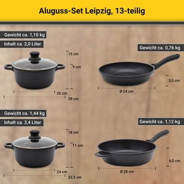 Krüger Pfannen-Set Aluguss Topf- und Pfannenset LEIPZIG inkl. Küchenhelfern, 13 tlg., Aluminiumguss (Set, 13-tlg., je 1x Bratpfanne Ø 24/28 cm, je 1x Kochtopf Ø 20/24 cm), inkl. 7-tlg. Küchenhelfer-Set