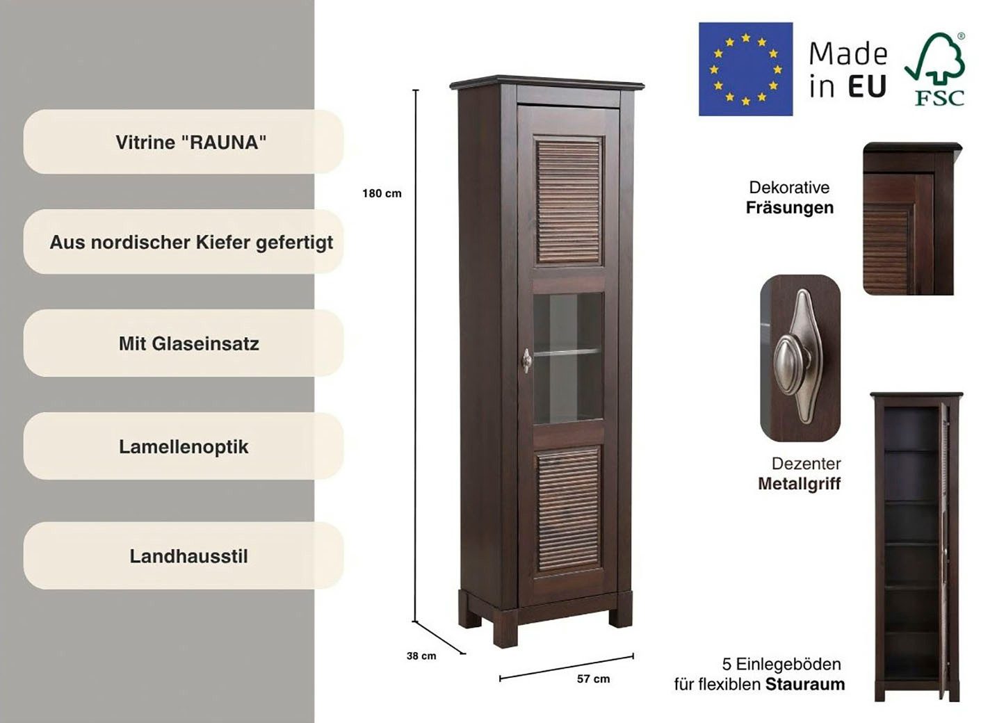 OTTO home Vitrine Rauna Vitrinenschrank, Stauraumchrank Höhe 180 cm, aus massiver Kiefer, FSC®-zertifiziert