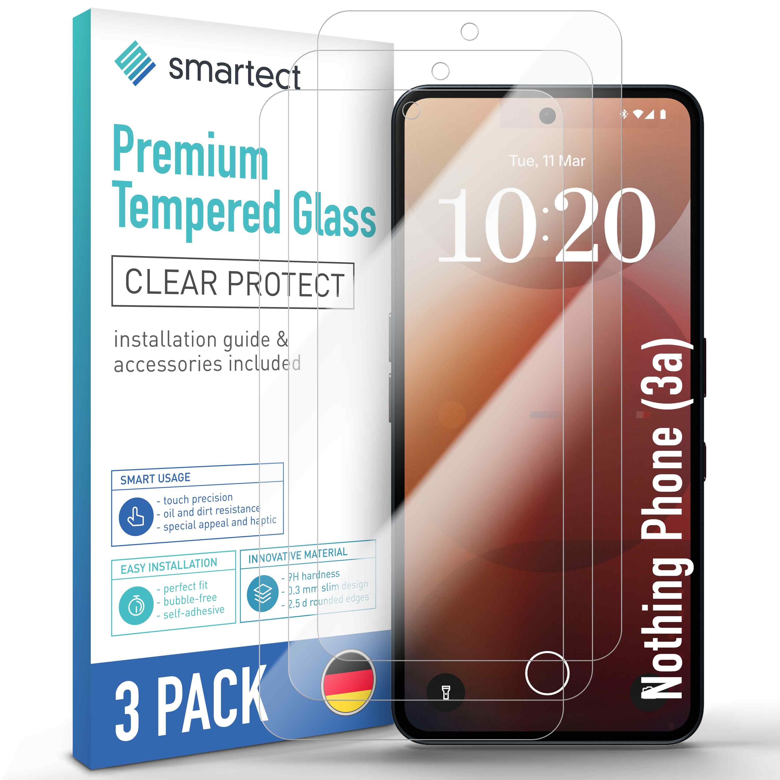 smartect Displayschutzglas Schutzglas Panzerfolie Klar für Nothing Phone (3a), Set, 3 Stück, Schutzfolie Glasschutz Bildschirm