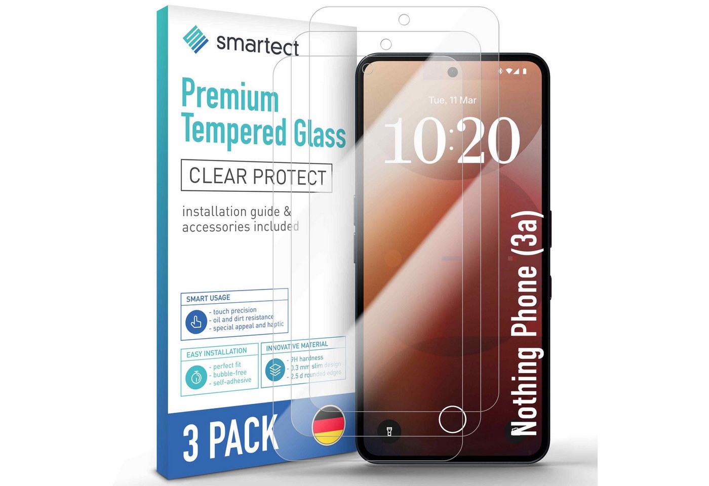 smartect Displayschutzglas 3X Schutzglas Panzerfolie Klar für Nothing Phone (3a) für Nothing Phone (3a), Set, 3 Stück, 0.3 mm Ultra-klar, 9H Härte, Kratzfest, Stoßfest, Blasenfrei, Oleophob
