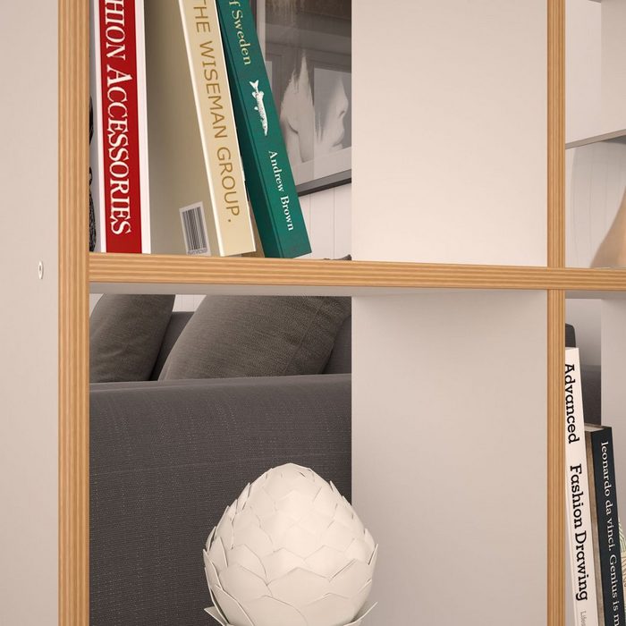 Polini Home Raumteilerregal Raumteiler Bücherregal Regal weiß mit Holzoptik 4 Fächer 2x2 Schöne Kombination aus Weiß und Holzoptik QR12135