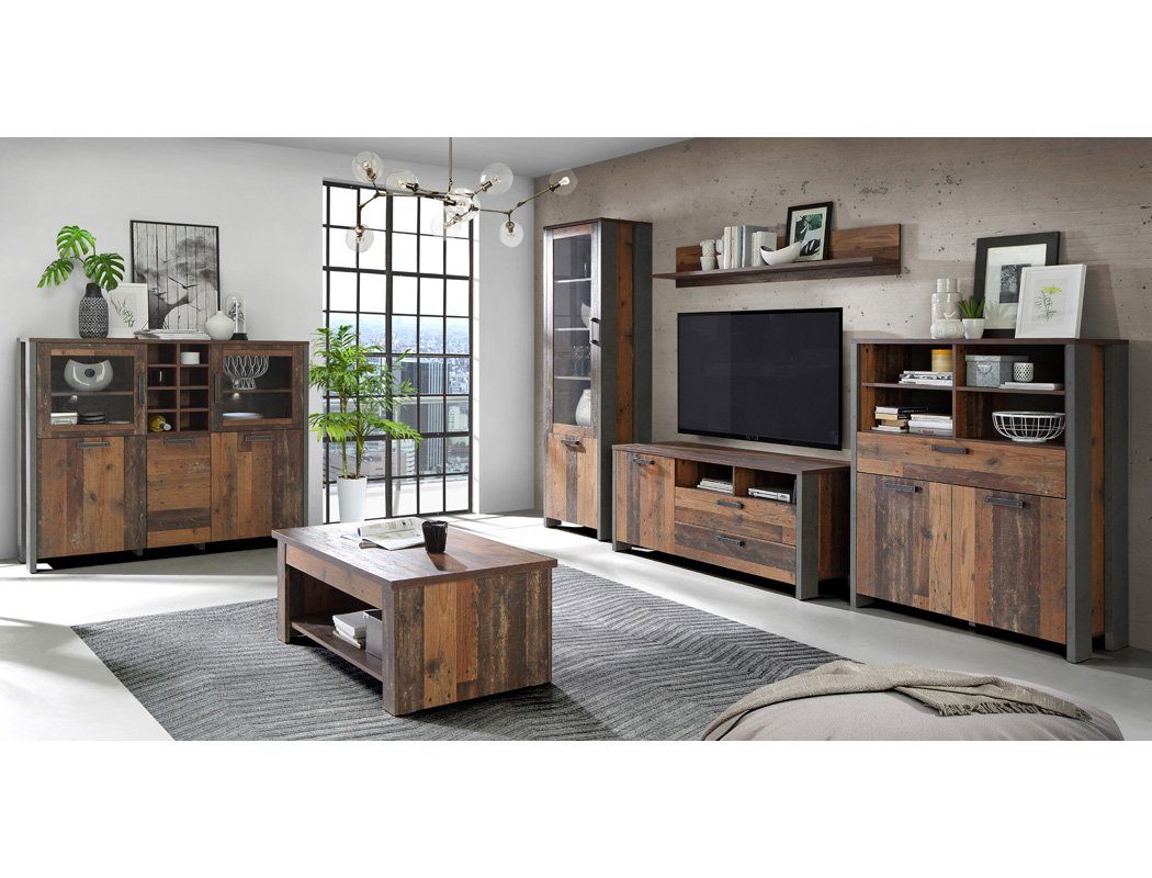 expendio Wohnzimmer-Set Cedric, (Spar-Set, 6-St), Old Wood Vintage braun mit Couchtisch mit hochklappbarer Tischplatte