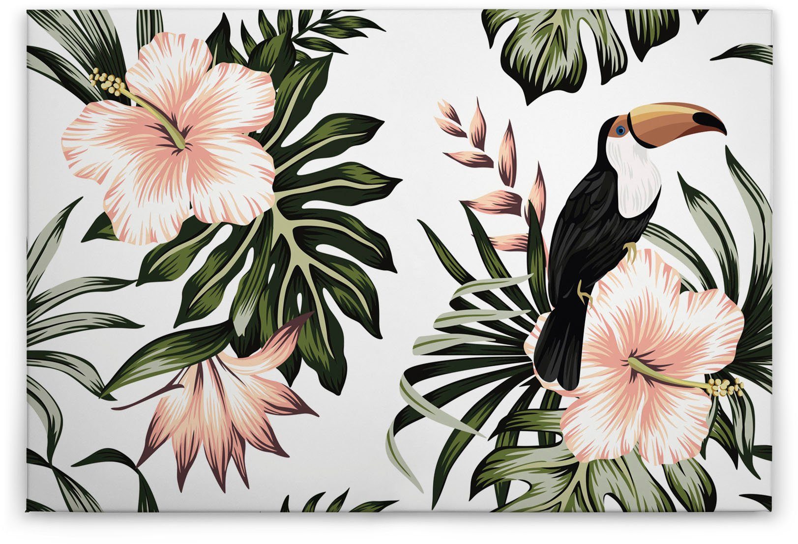 A.S. Création Leinwandbild Toucan, Blumen, Kinder, Kunst (1 St), Palmenblätter Hibiskus Dschungel Keilrahmen Leinwand-Bild Wohnzimmer