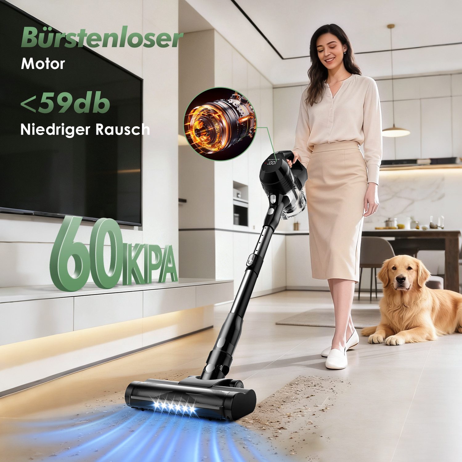 Adormii Akku-Hand-und Stielstaubsauger Akku Staubsauger 60000pa, Staubsauger Kabellos, 60Min/1,8L, beutellos,Smart LED-Display,4*HEPA,Filterwirkung 99,99 %,LED und Anti-Verwicklungs-Bodenbürste, Akkustaubsauger für Teppich, Hartböden, Tierhaare
