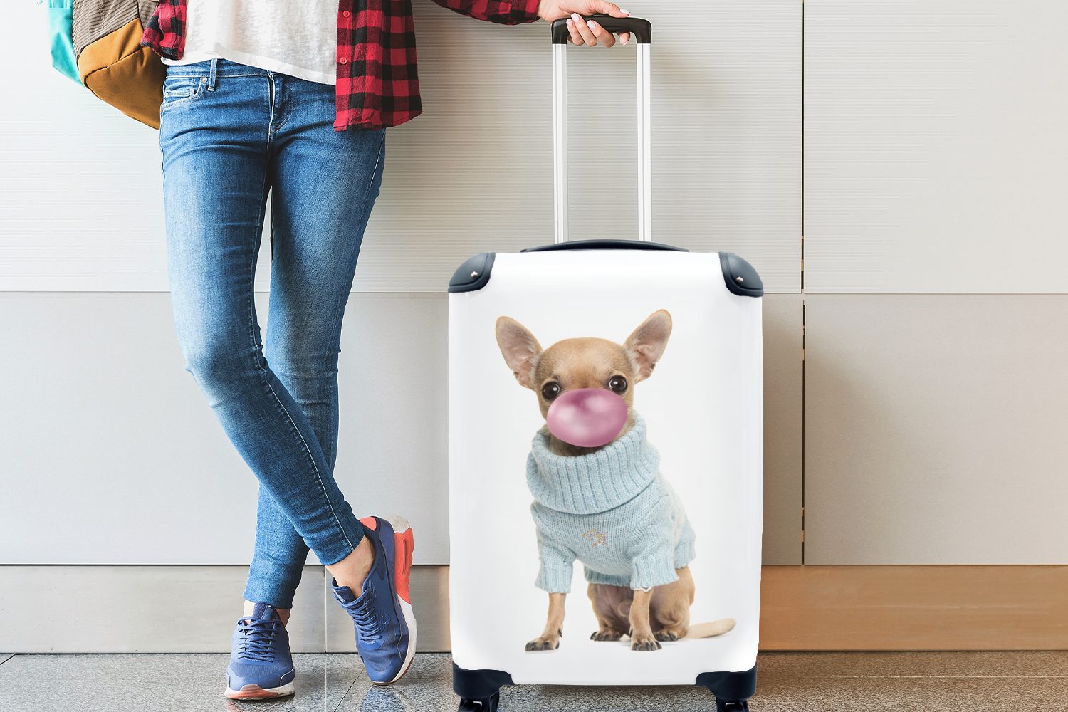 Chihuahua Handgepäckkoffer pusten MuchoWow für rollen, Trolley, Reisekoffer mit 4 Reisetasche Rollen, für - Kaugummi Ferien, Mädchen Handgepäck - Hund -, - Spaß Kinder -