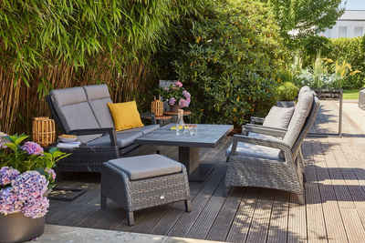 Siena Garden Gartenlounge-Set Solea, (Set, 8-tlg), bestehend aus 2 Sesseln, 1 Bank, 1 Tisch und 4 Auflagen