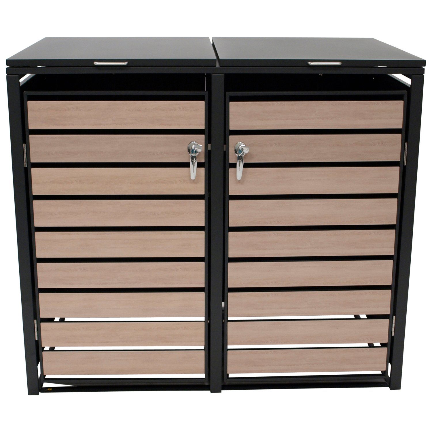 DEGAMO Mülltonnenbox BERLIN (1 St), Stahl grau, Türen in Holzoptik, für 2 Tonnen 120 oder 240 Liter