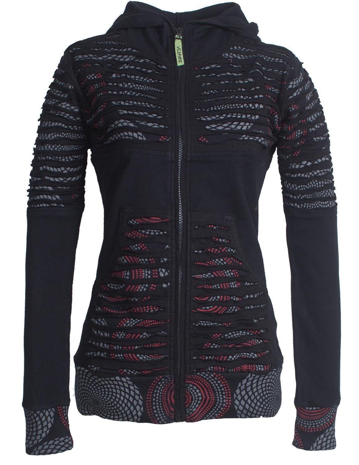 Vishes Kapuzensweatjacke Patchwork mit Hippie, Boho, Kapuzenjacke Mandala Elfen, Cutwork (1-tlg) Goa Gestreift, Style, Hoodie schwarz