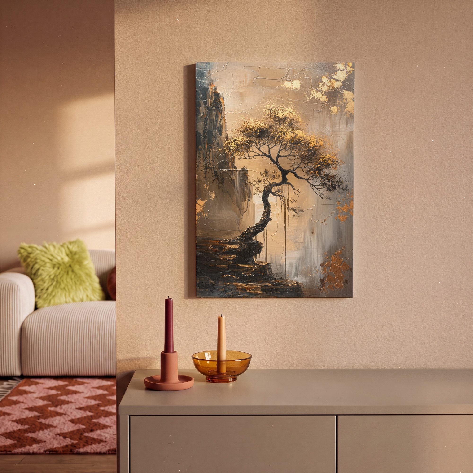 OneMillionCanvasses® Leinwandbild Baum - Gold - Landschaft - Farbe, Fotodruck (1 St), Wandbild, Deko Schlafzimmer Wohnzimmer Flur 20x20 cm – Bild 2 von 5
