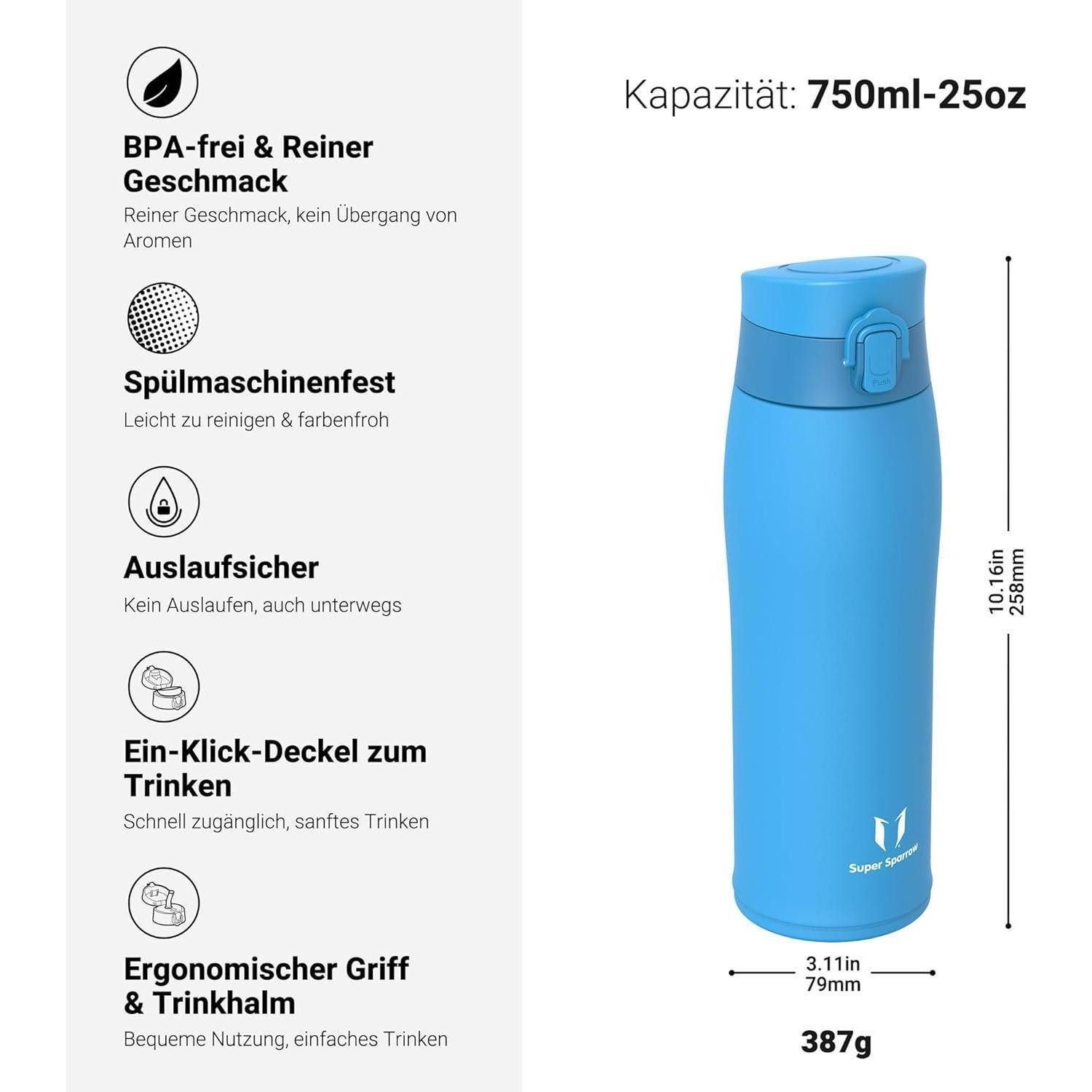 LuxusKollektion Thermoflasche Trinkflasche Edelstahl Thermosflasche BPAfrei 750 ml M Himmelblau
