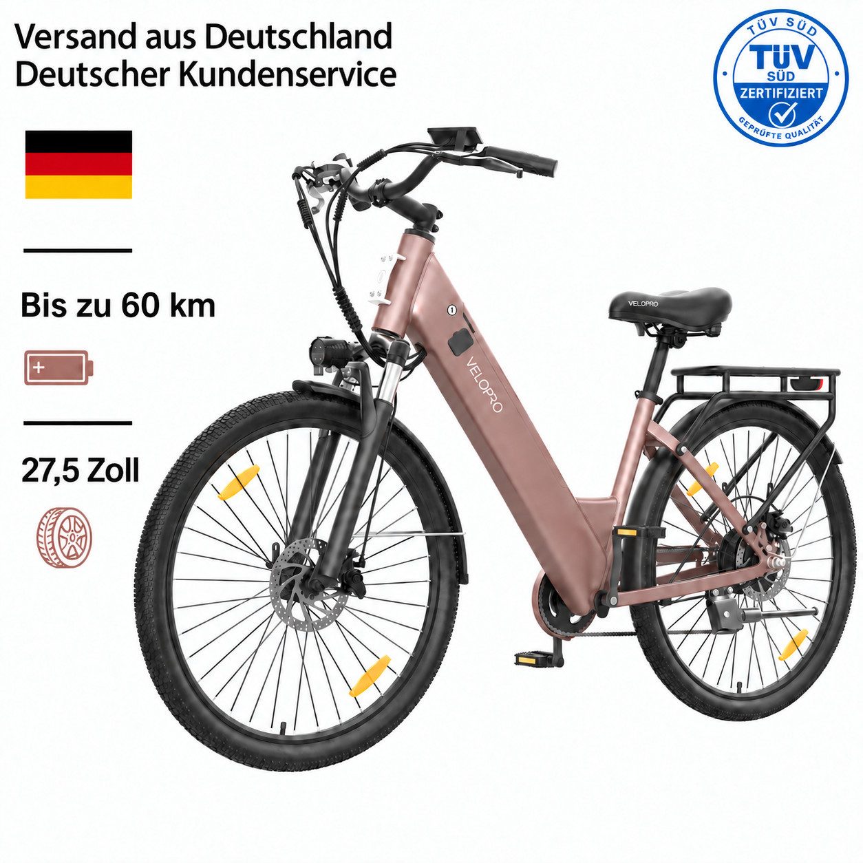 PIXAR E-Bike Cityrad Velopro C1 27,5 Zoll City Elektrofahrrad, 36 V 13 Ah Akku, 7-Gang, 7 Gang, Heckmotor, 468 Wh, Multifunktions-LCD; 250W Heckmotor; Gepäckträger