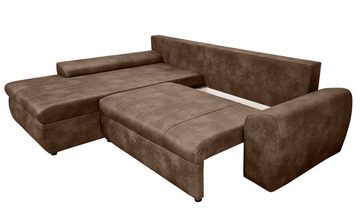 luma-home Ecksofa 18014, mit Bettfunktion 266x186 cm, Ottomane links, Federkern im Rücken, Wellenunterfederung, Bettkasten, Mikrofaser, Leder-Optik, Vintage Braun