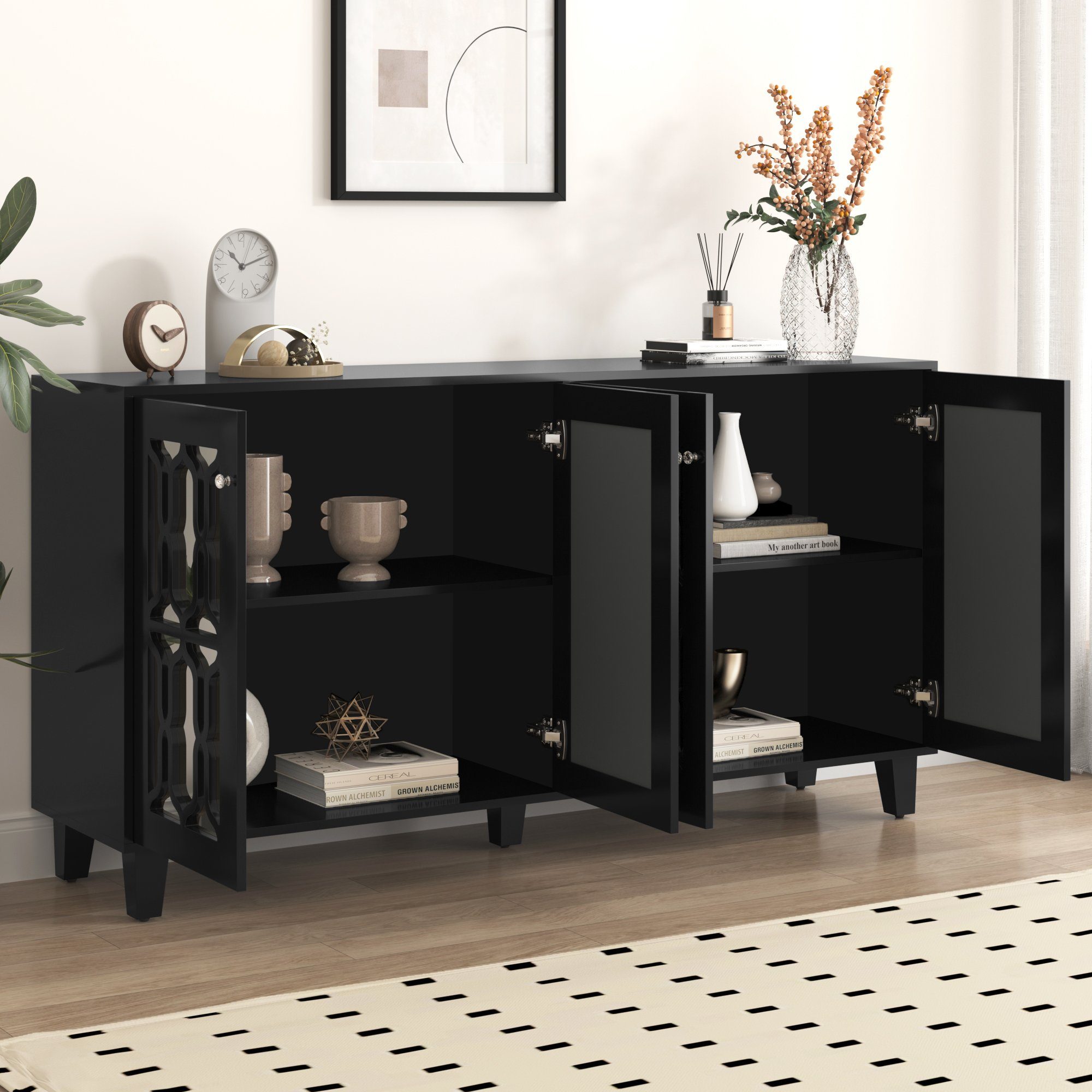 Flieks Sideboard (1 St), Schrank mit 4 Spiegeltür Anrichte Kommode Wohnzimmer Schlafzimmer