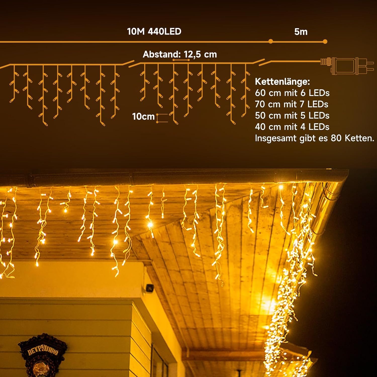 GarveeMore LED-Lichterkette Eisregen für außen, extra hohe LED-Dichte, strombetrieben, warmweiß, 440-flammig, Mit Fernbedienung & Timer, IP44, ideal für Dachrin – Bild 2 von 5