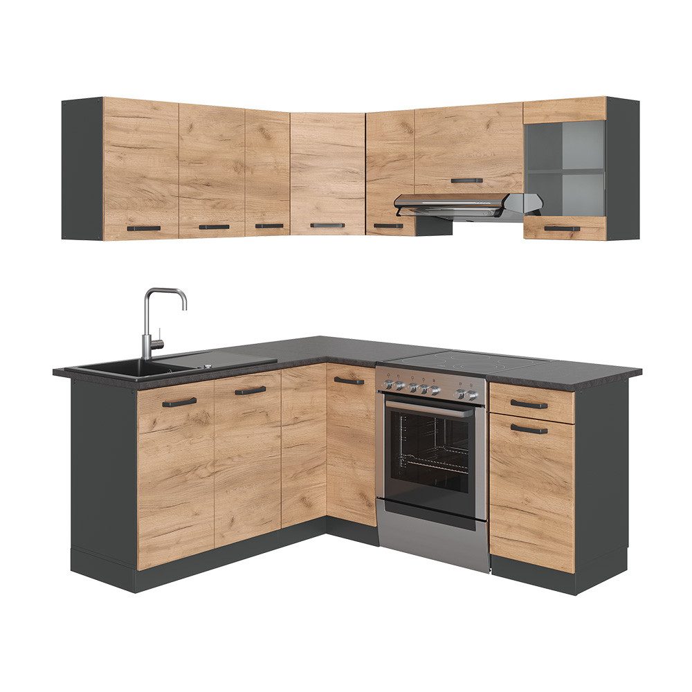 Vicco Winkelküche Rick, Goldkraft Eiche/Anthrazit/Anthrazit, 190 x 46 cm, AP Anthrazit